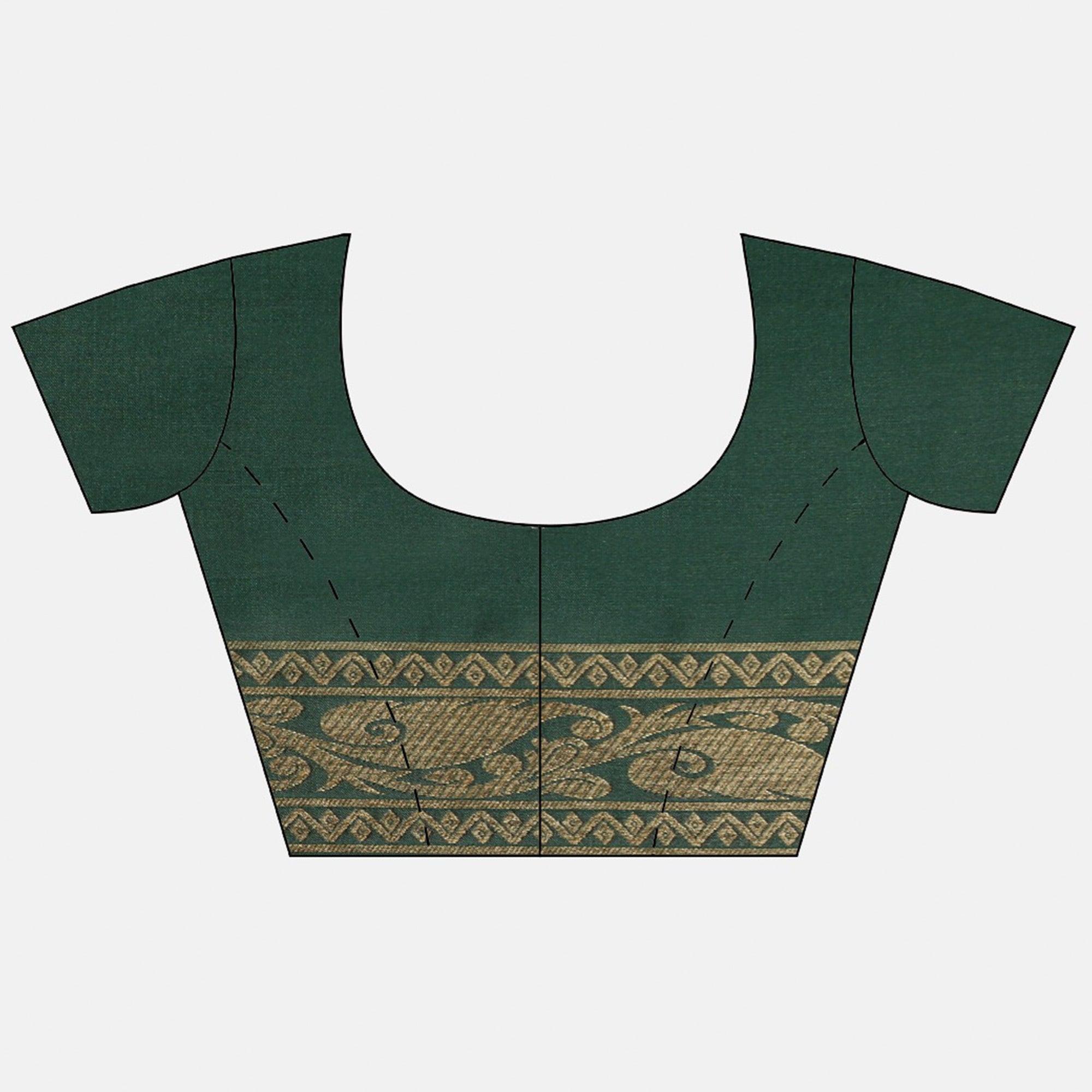 Women's Green Festive Wear Woven Kanjivaram Silk Saree With Unstitched Blouse - Peachmode