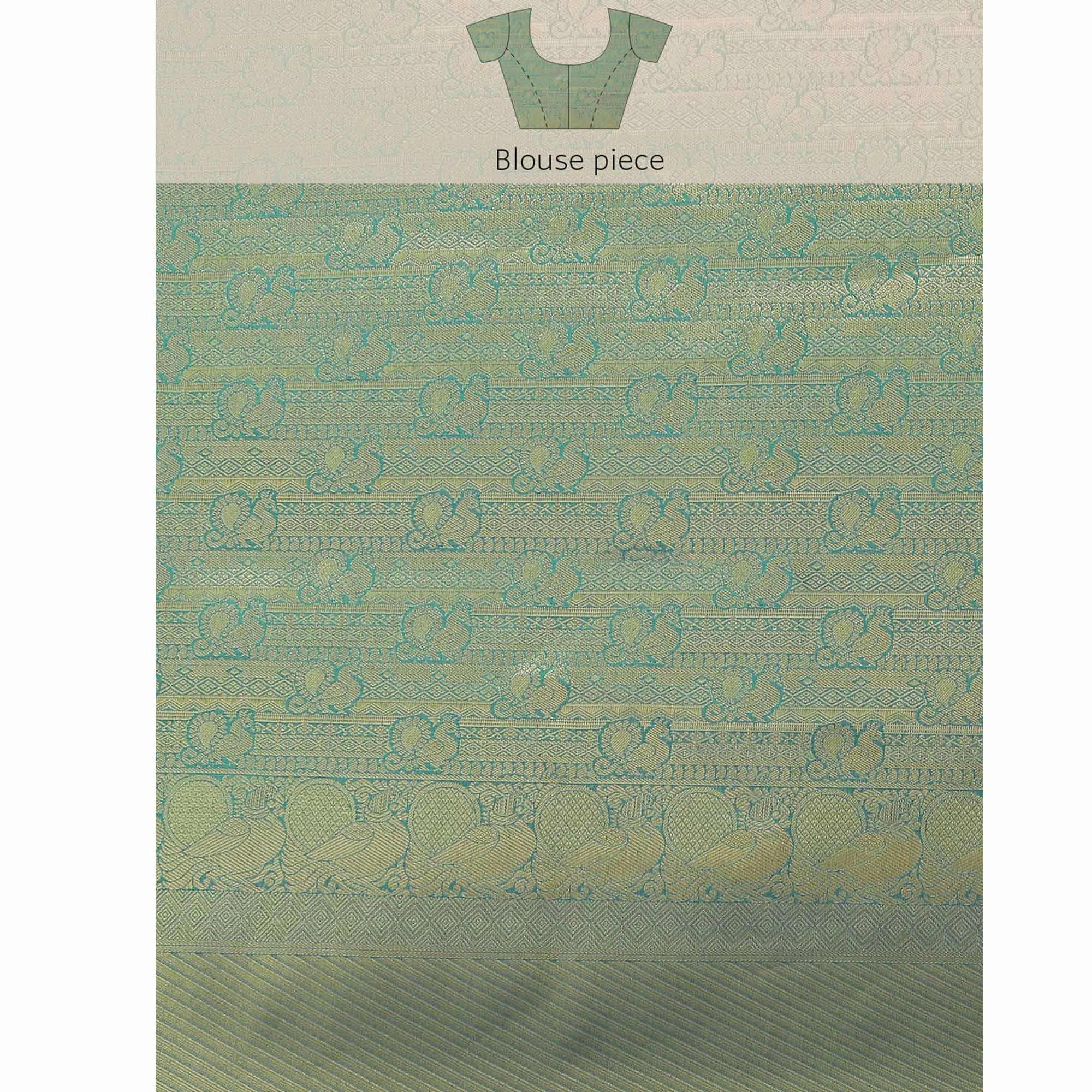 Women's Green Festive Wear Woven Kanjivaram Silk Saree With Unstitched Blouse - Peachmode