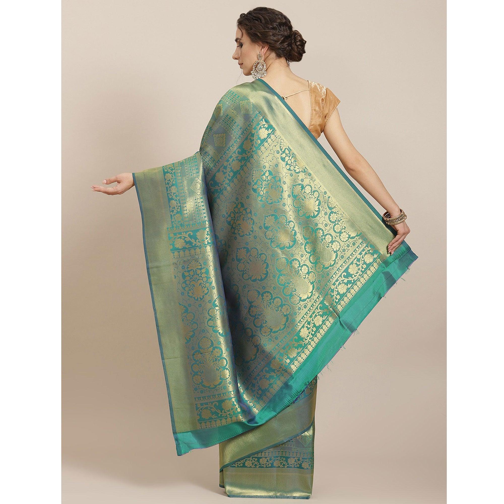 Women's Green Festive Wear Woven Kanjivaram Silk Saree With Unstitched Blouse - Peachmode