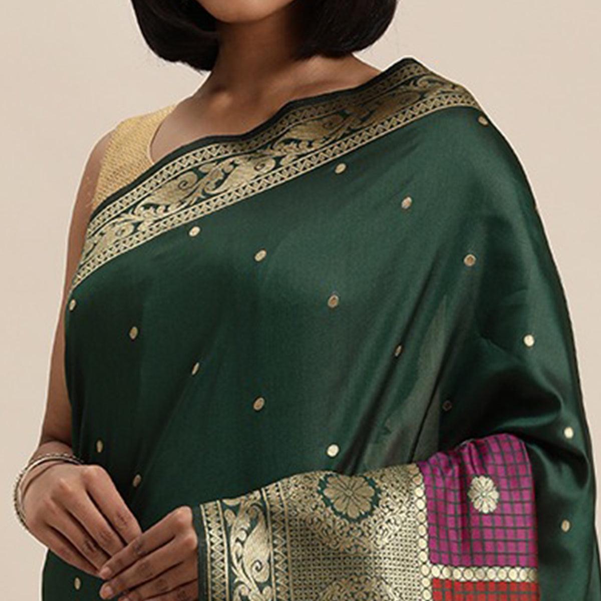 Women's Green Festive Wear Woven Kanjivaram Silk Saree With Unstitched Blouse - Peachmode