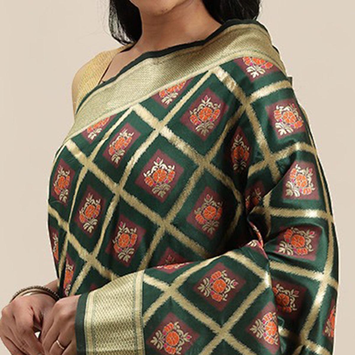 Women's Green Festive Wear Woven Kanjivaram Silk Saree With Unstitched Blouse - Peachmode