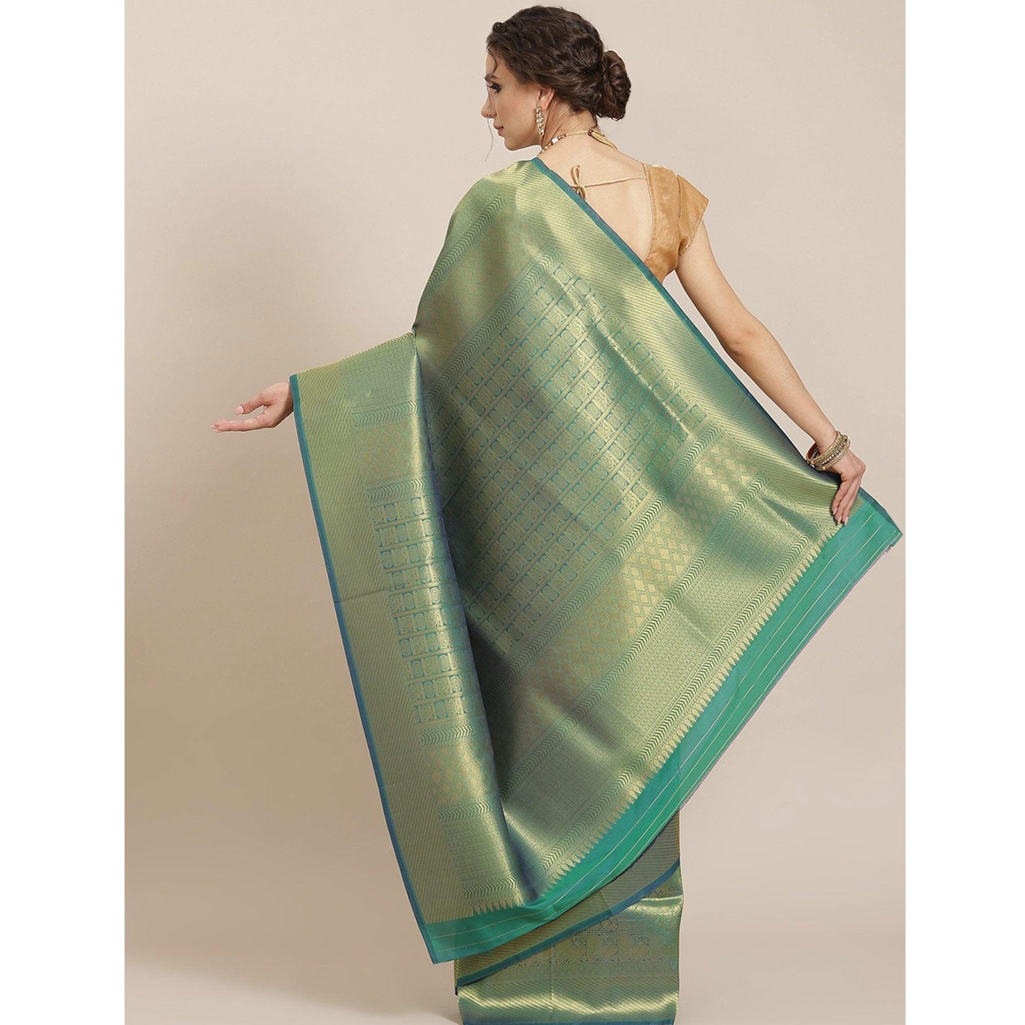 Women's Green Festive Wear Woven Kanjivaram Silk Saree With Unstitched Blouse - Peachmode