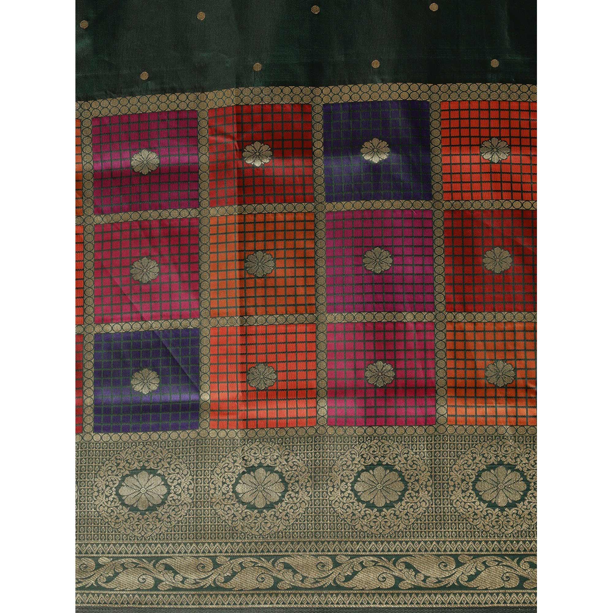 Women's Green Festive Wear Woven Kanjivaram Silk Saree With Unstitched Blouse - Peachmode