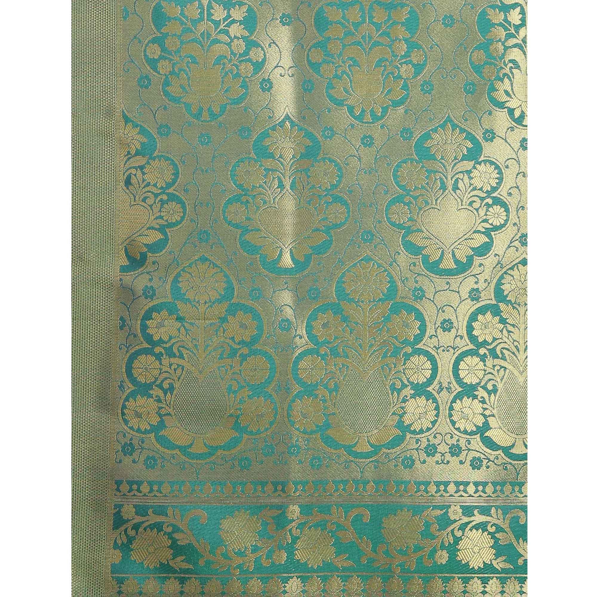 Women's Green Festive Wear Woven Kanjivaram Silk Saree With Unstitched Blouse - Peachmode