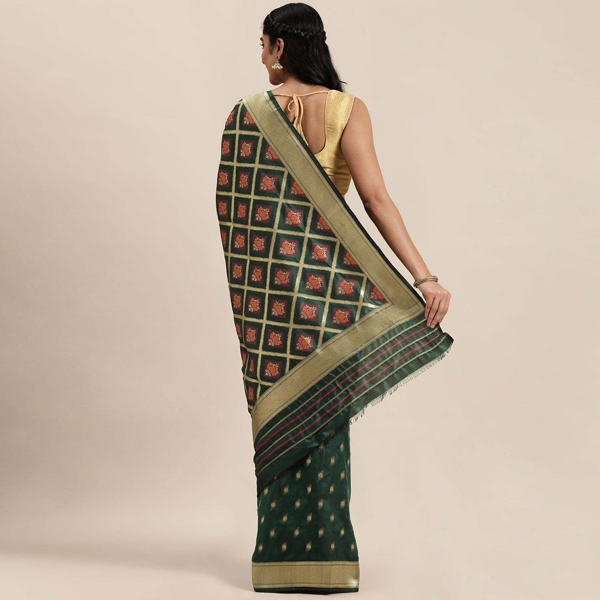 Women's Green Festive Wear Woven Kanjivaram Silk Saree With Unstitched Blouse - Peachmode