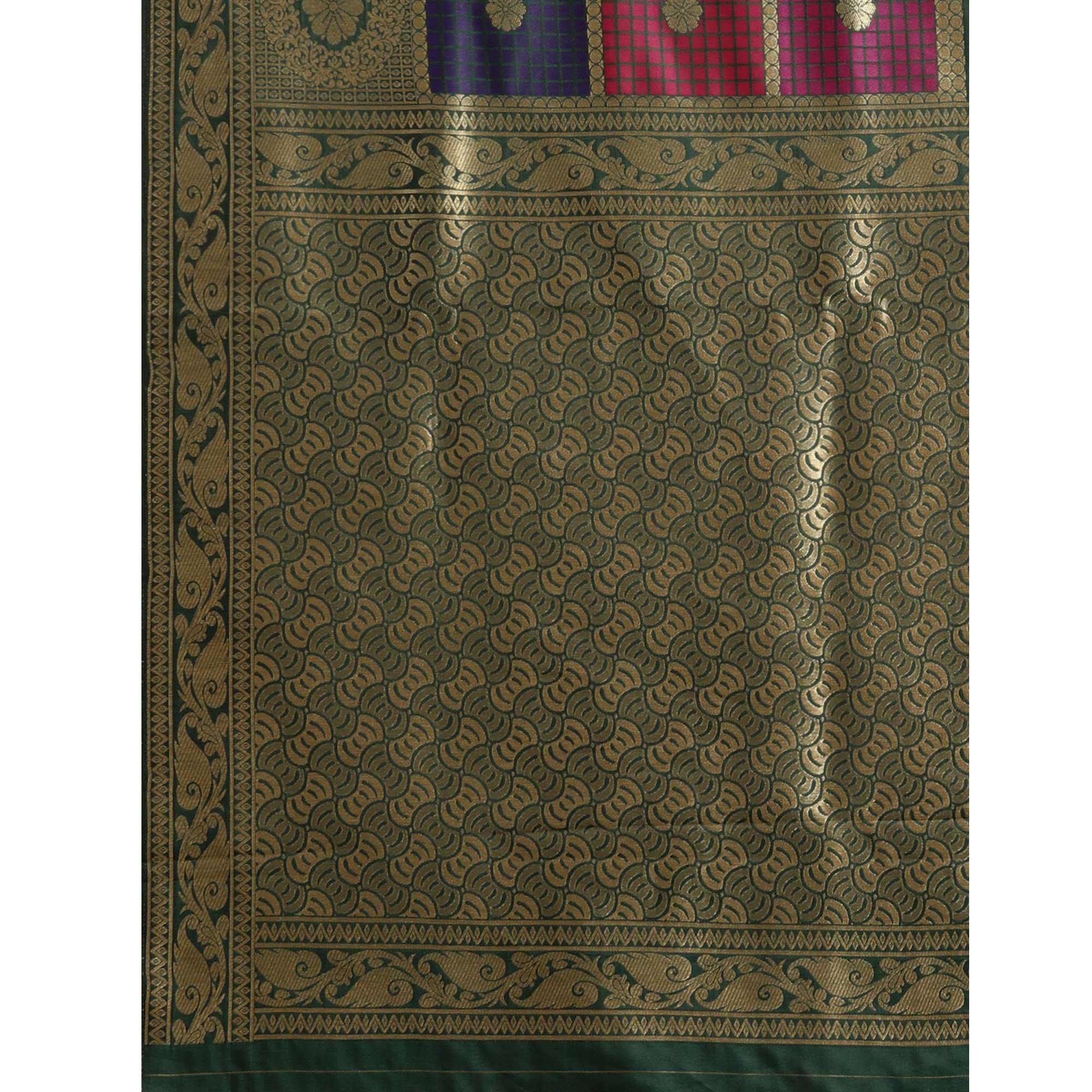 Women's Green Festive Wear Woven Kanjivaram Silk Saree With Unstitched Blouse - Peachmode