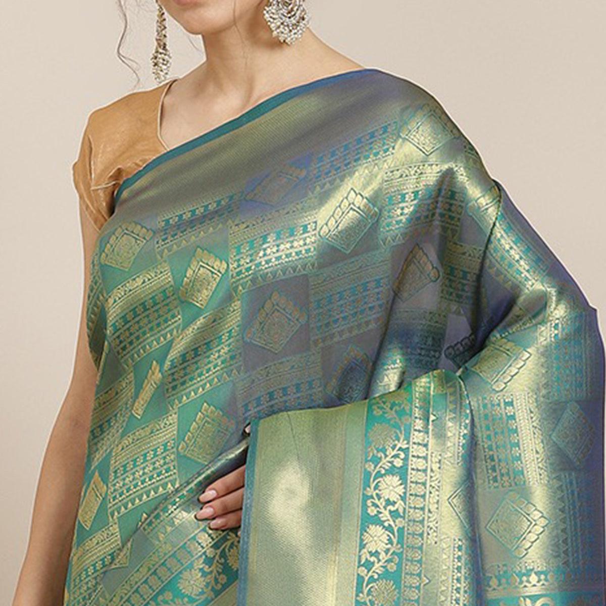 Women's Green Festive Wear Woven Kanjivaram Silk Saree With Unstitched Blouse - Peachmode
