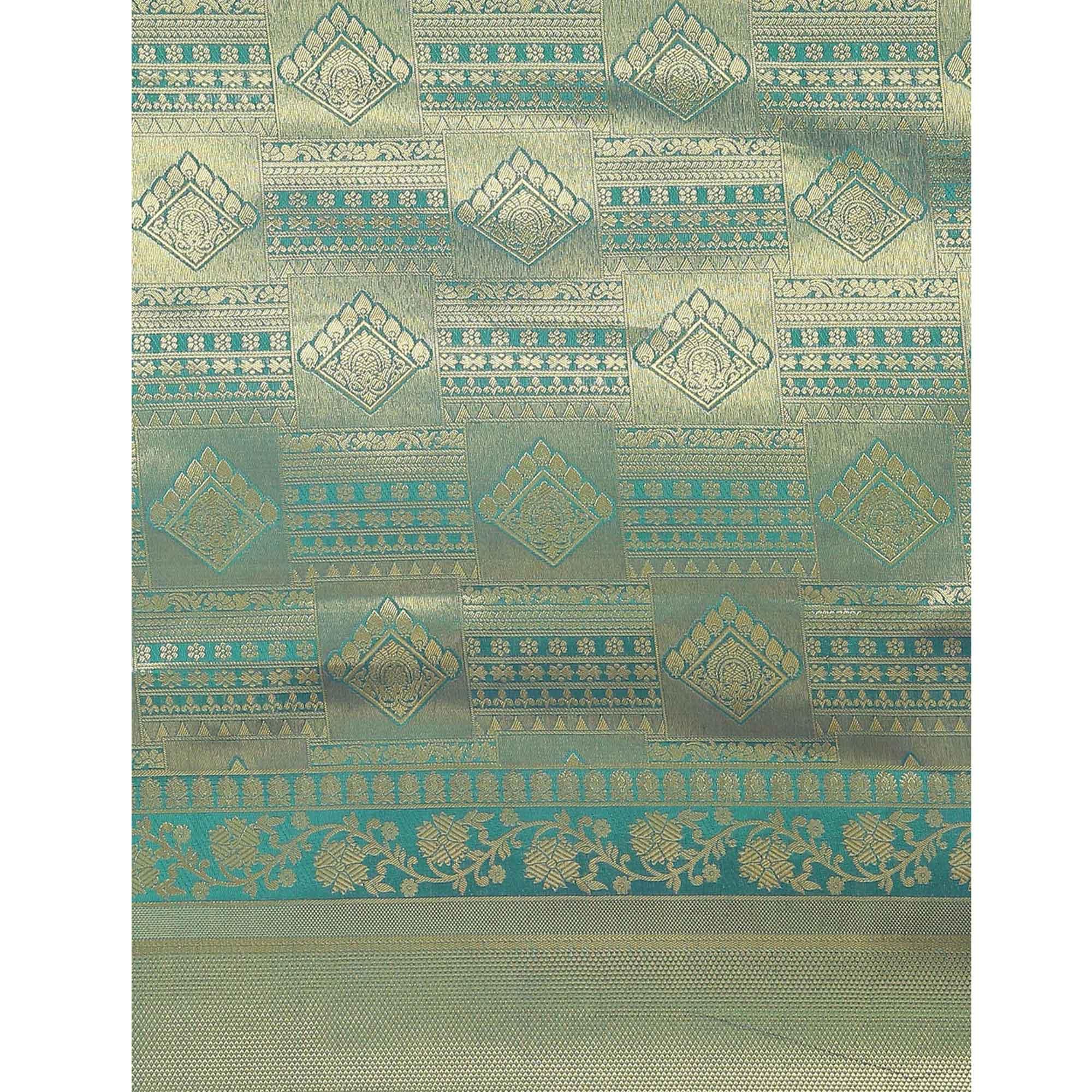 Women's Green Festive Wear Woven Kanjivaram Silk Saree With Unstitched Blouse - Peachmode