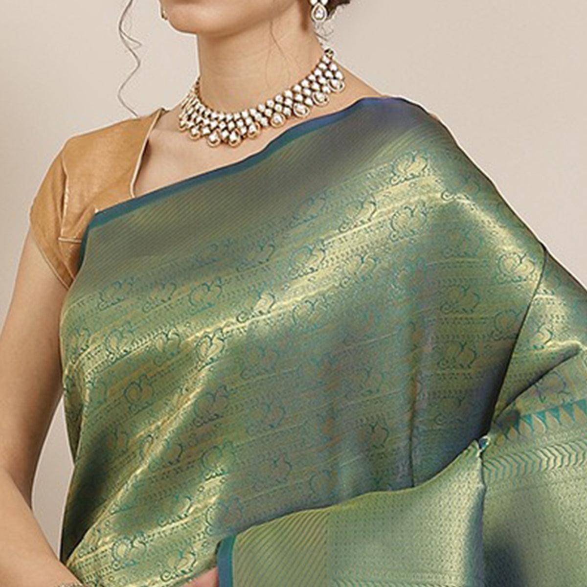 Women's Green Festive Wear Woven Kanjivaram Silk Saree With Unstitched Blouse - Peachmode