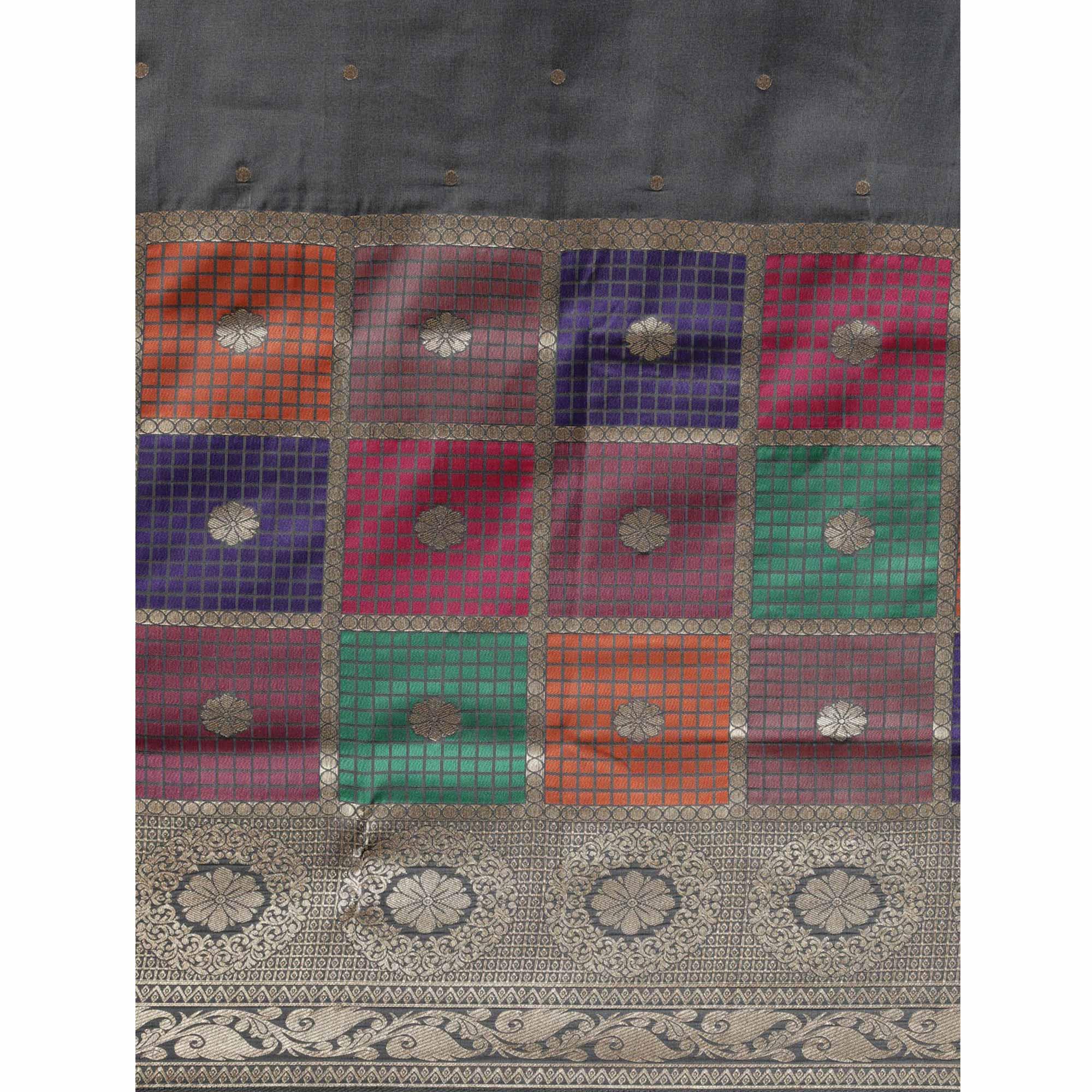 Women's Grey Festive Wear Woven Kanjivaram Silk Saree With Unstitched Blouse - Peachmode
