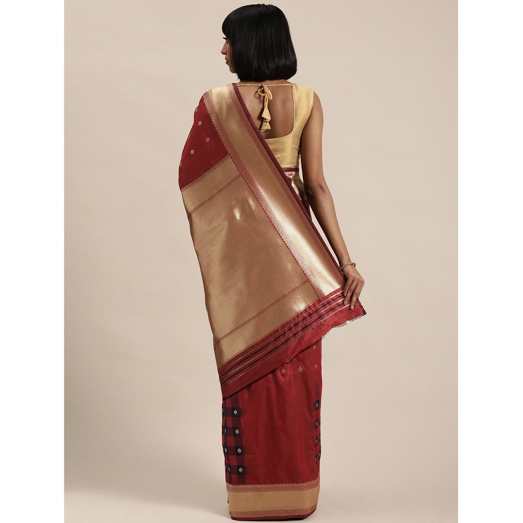 Women's Marron Festive Wear Woven Kanjivaram Silk Saree With Unstitched Blouse - Peachmode