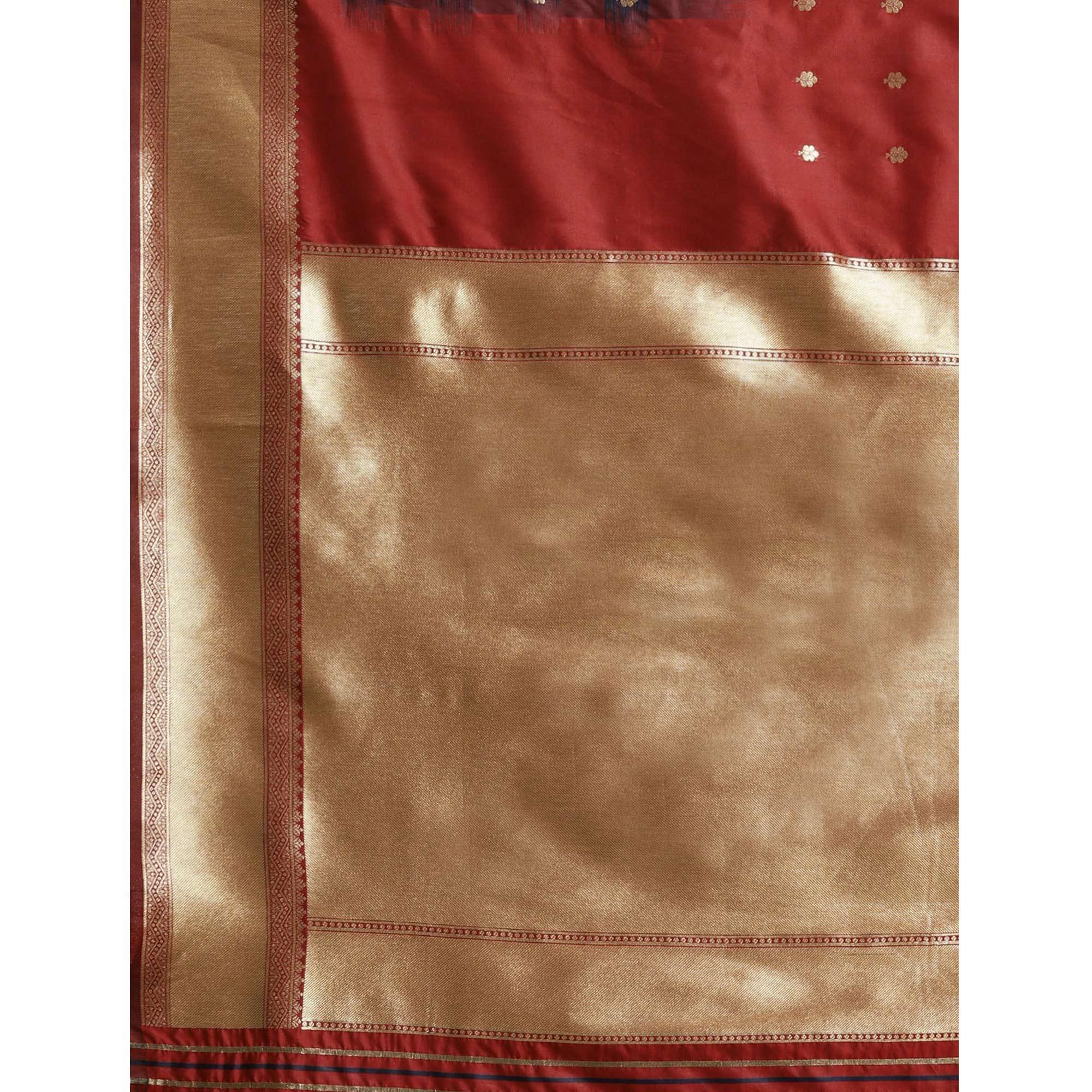 Women's Marron Festive Wear Woven Kanjivaram Silk Saree With Unstitched Blouse - Peachmode