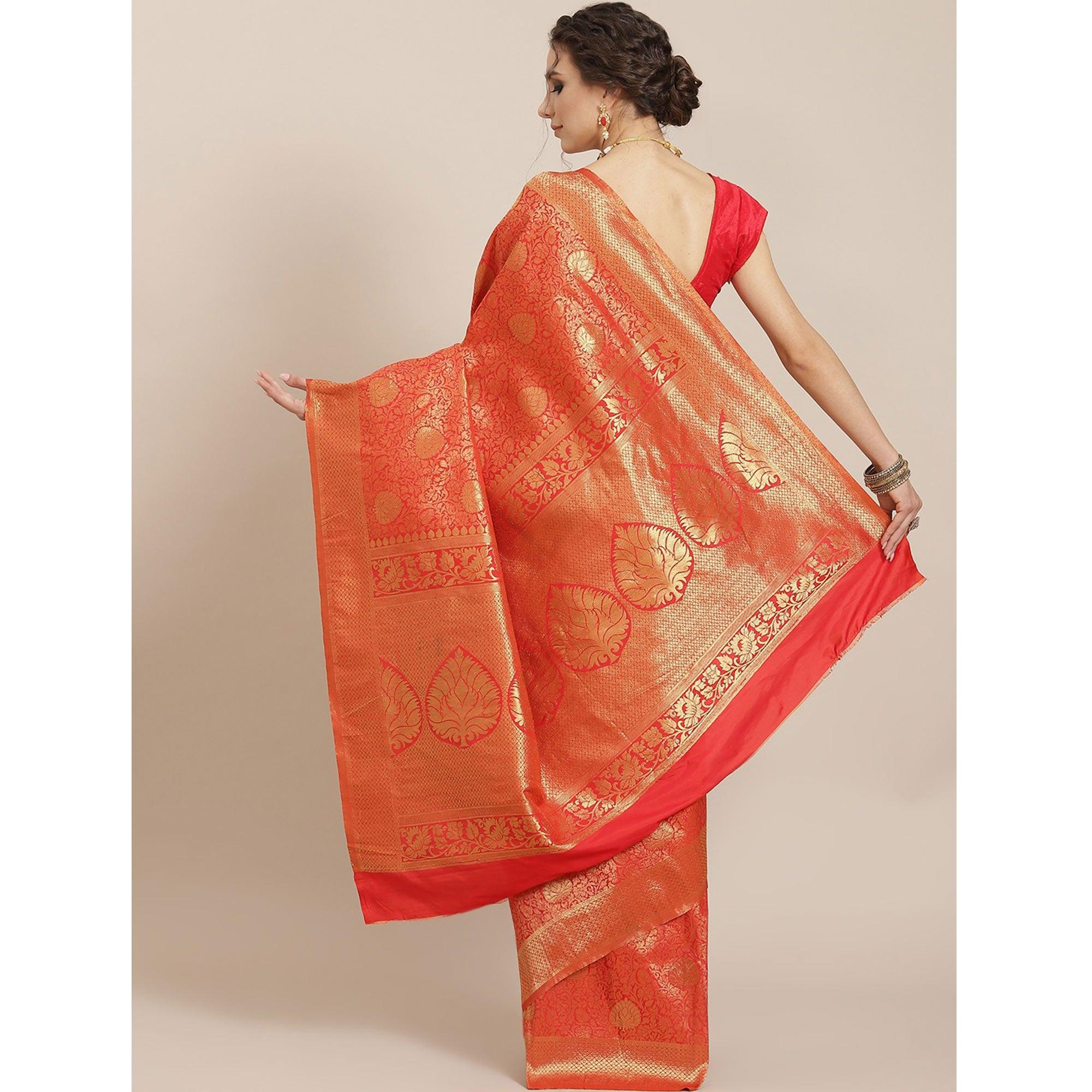 Women's Orange Festive Wear Woven Kanjivaram Silk Saree With Unstitched Blouse - Peachmode