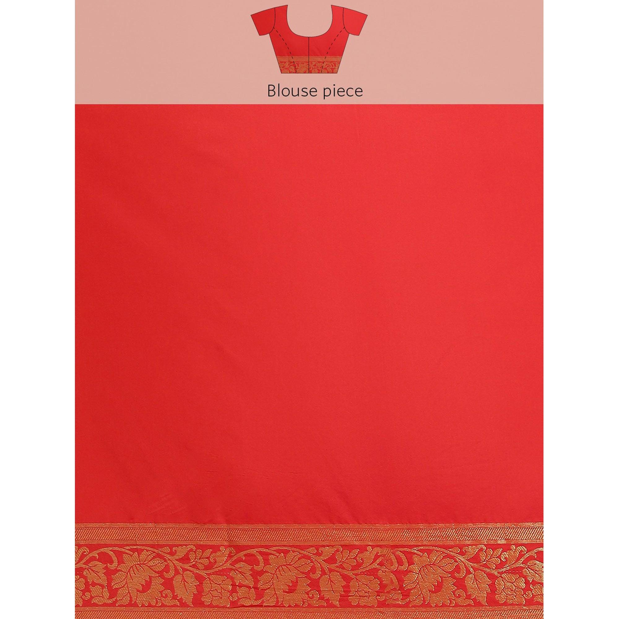 Women's Orange Festive Wear Woven Kanjivaram Silk Saree With Unstitched Blouse - Peachmode