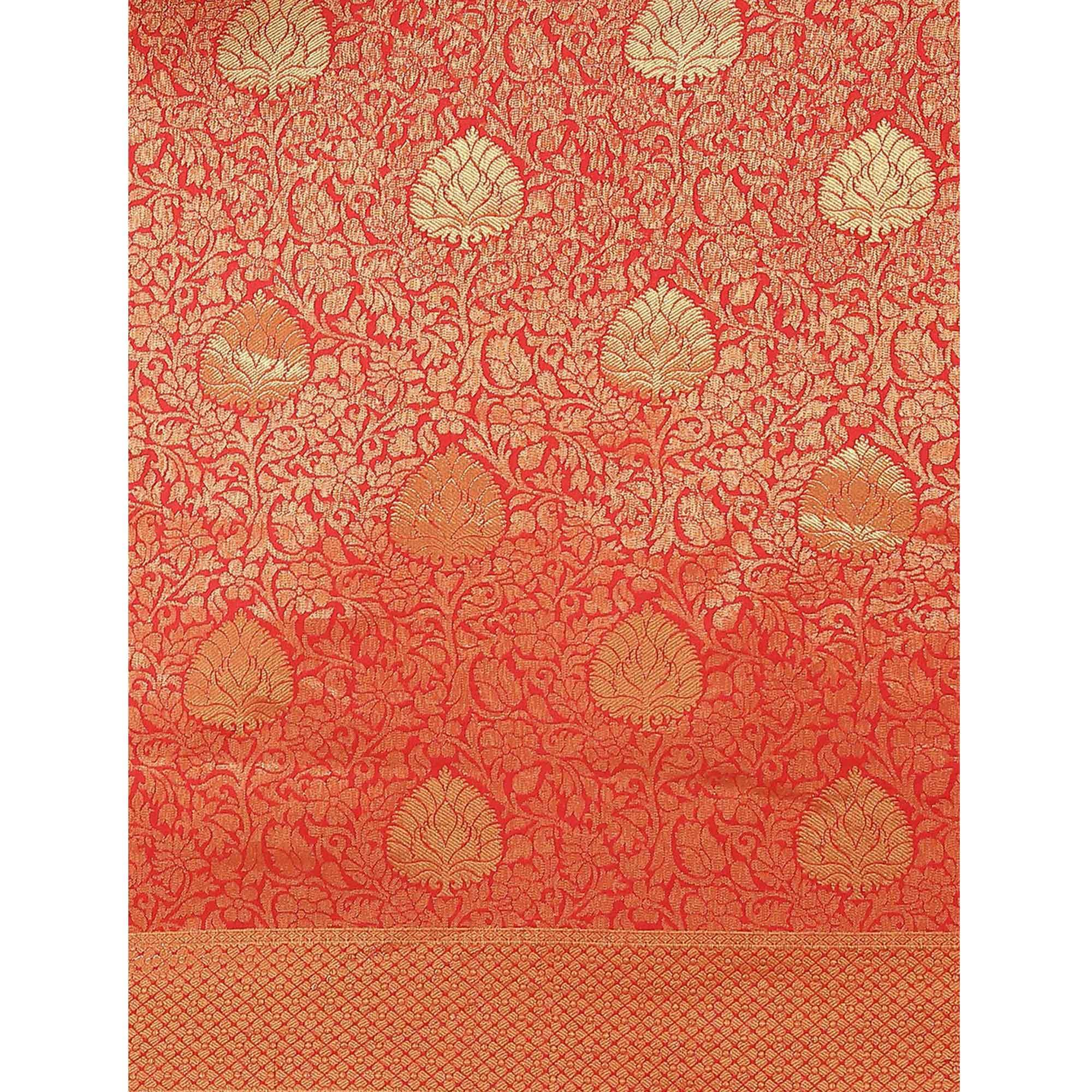 Women's Orange Festive Wear Woven Kanjivaram Silk Saree With Unstitched Blouse - Peachmode