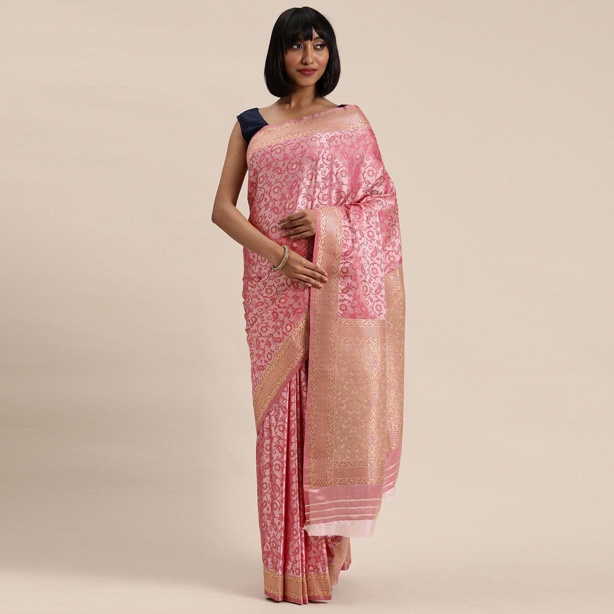 Women's Pink Festive Wear Woven Kanjivaram Silk Saree With Unstitched Blouse - Peachmode