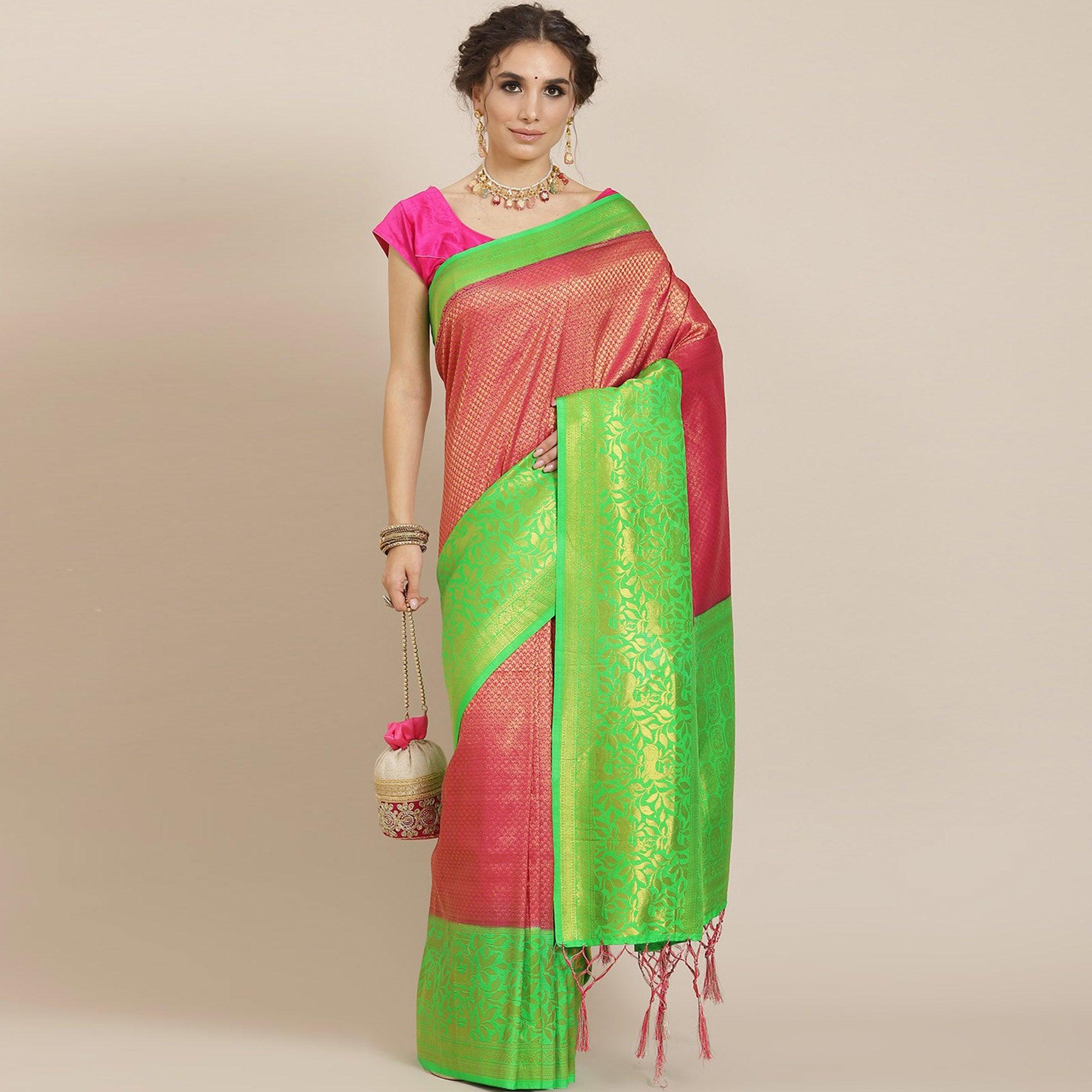 Women's Pink Festive Wear Woven Kanjivaram Silk Saree With Unstitched Blouse - Peachmode