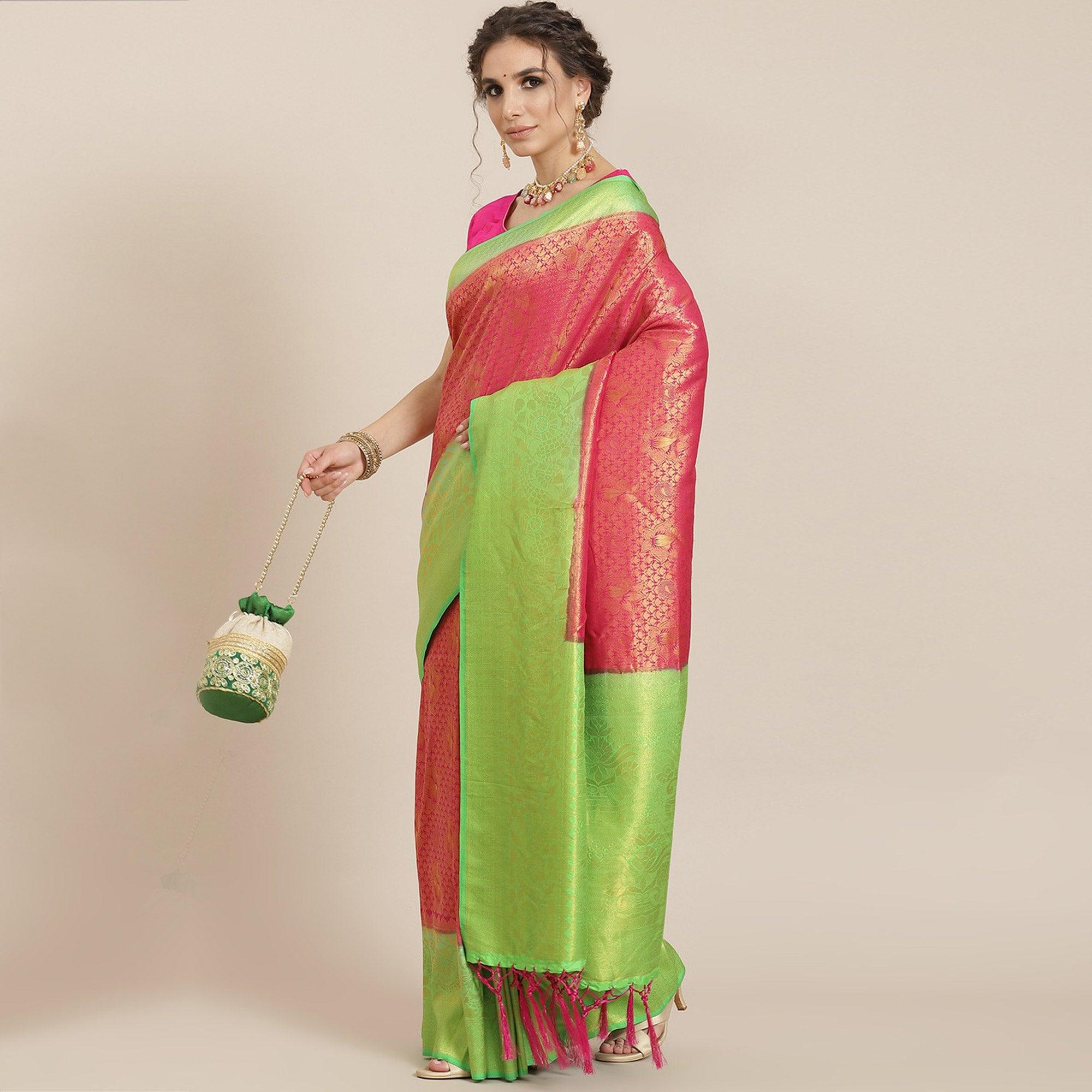 Women's Pink Festive Wear Woven Kanjivaram Silk Saree With Unstitched Blouse - Peachmode