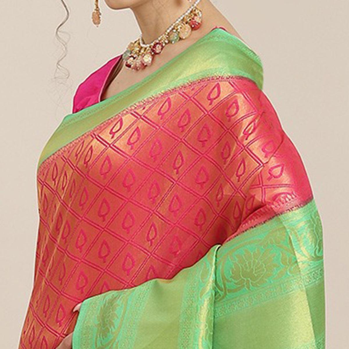 Women's Pink Festive Wear Woven Kanjivaram Silk Saree With Unstitched Blouse - Peachmode