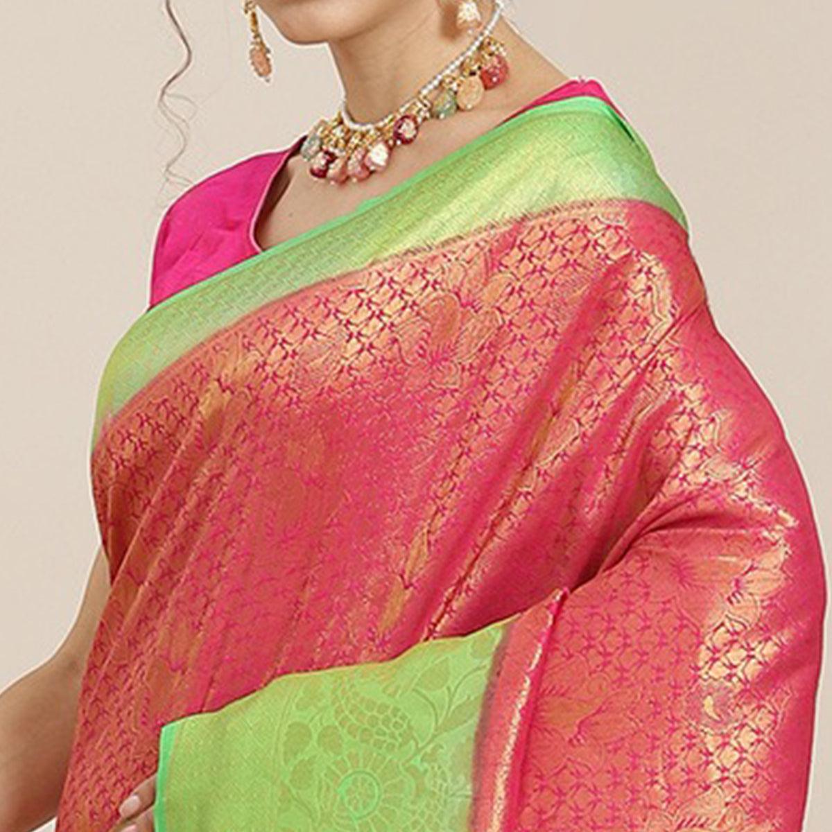 Women's Pink Festive Wear Woven Kanjivaram Silk Saree With Unstitched Blouse - Peachmode