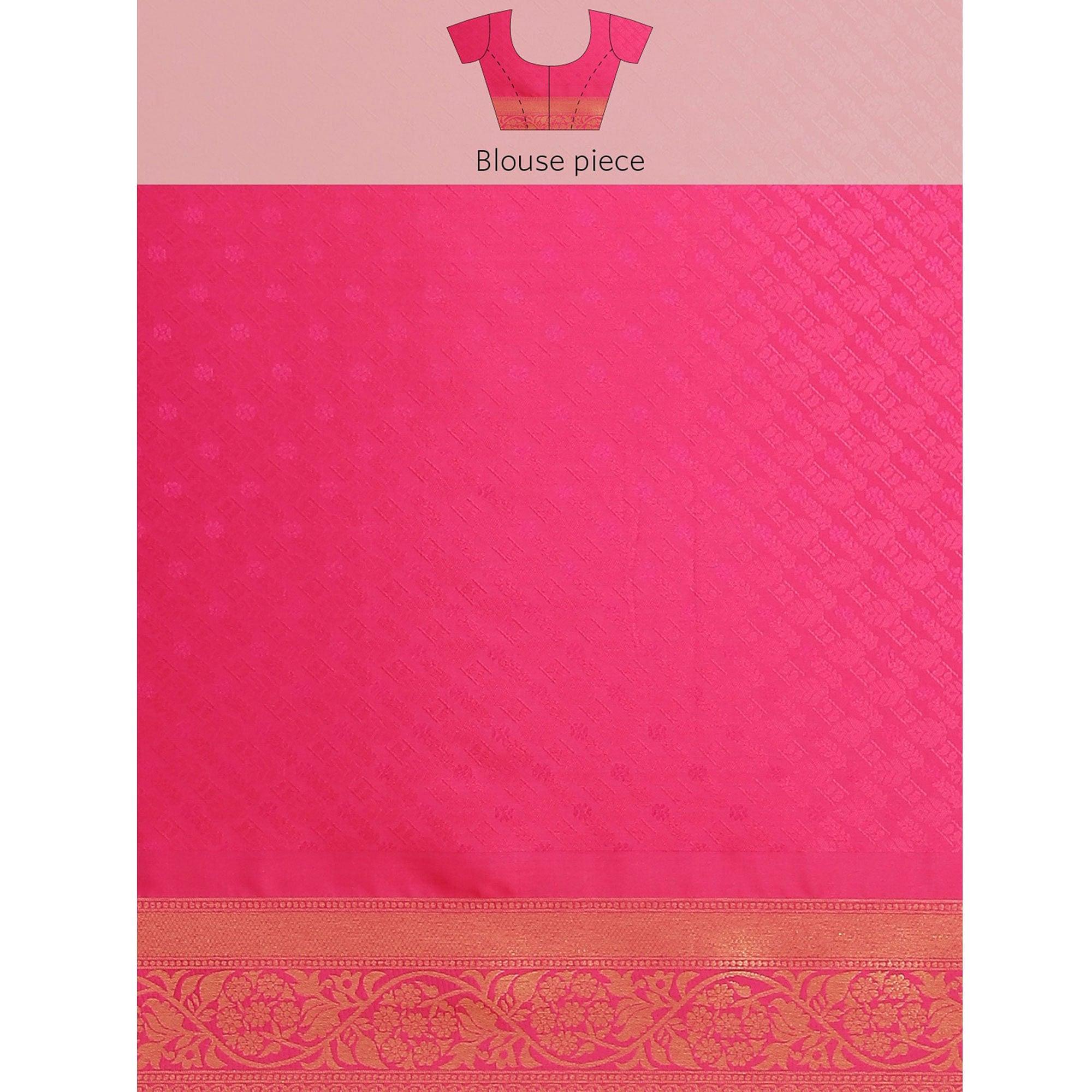 Women's Pink Festive Wear Woven Kanjivaram Silk Saree With Unstitched Blouse - Peachmode