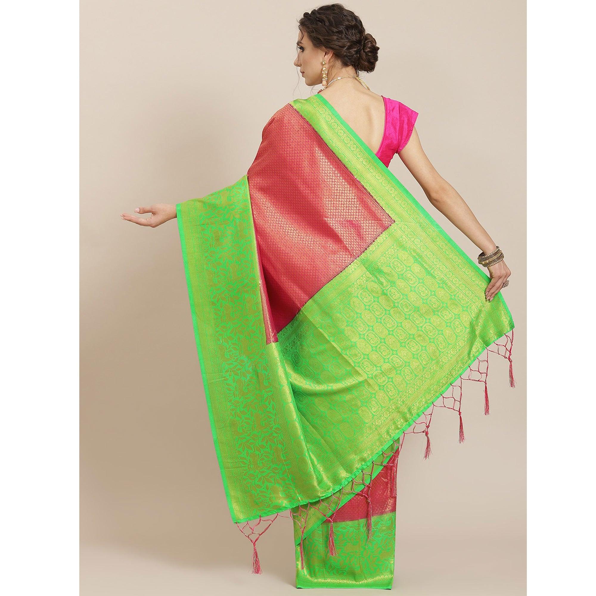 Women's Pink Festive Wear Woven Kanjivaram Silk Saree With Unstitched Blouse - Peachmode