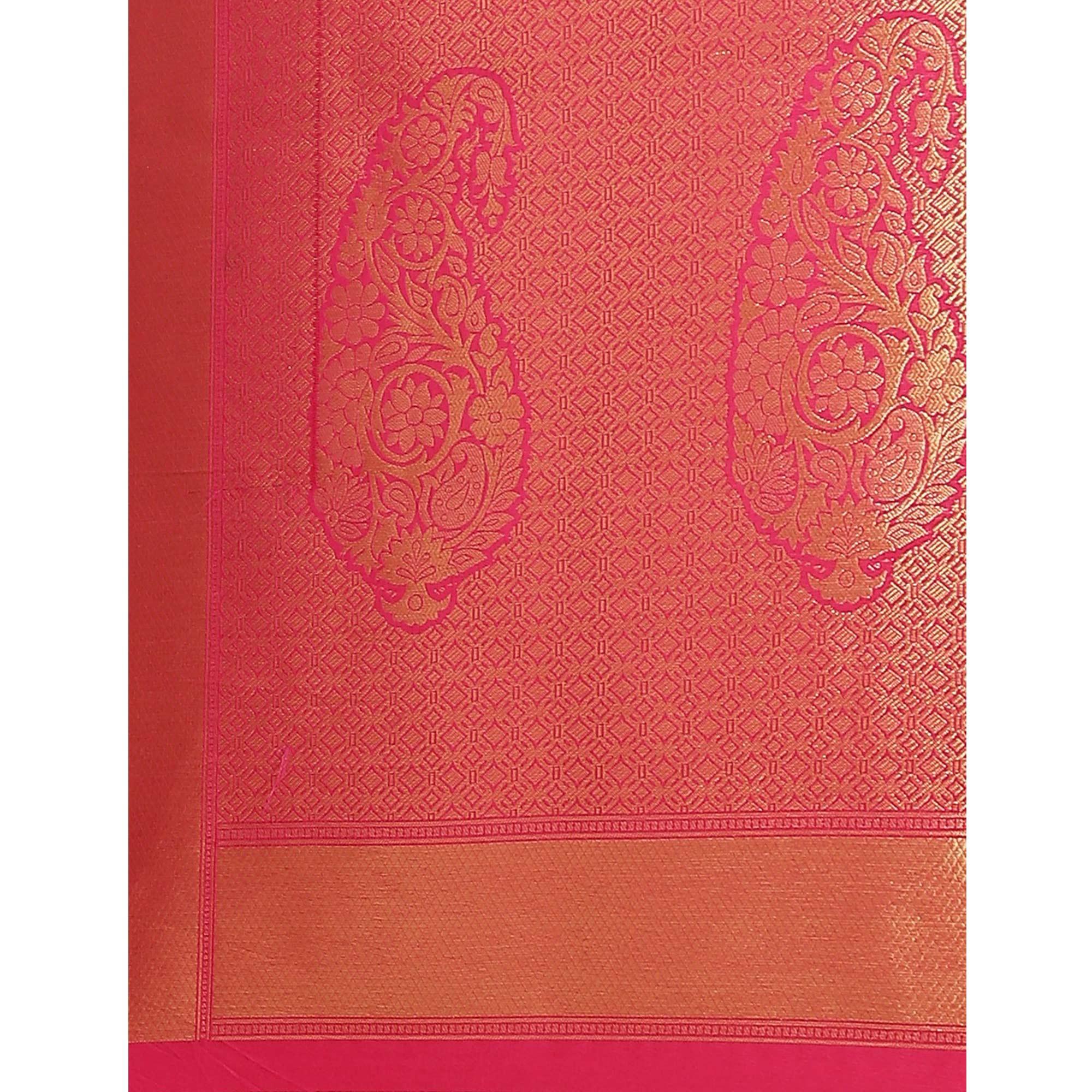 Women's Pink Festive Wear Woven Kanjivaram Silk Saree With Unstitched Blouse - Peachmode