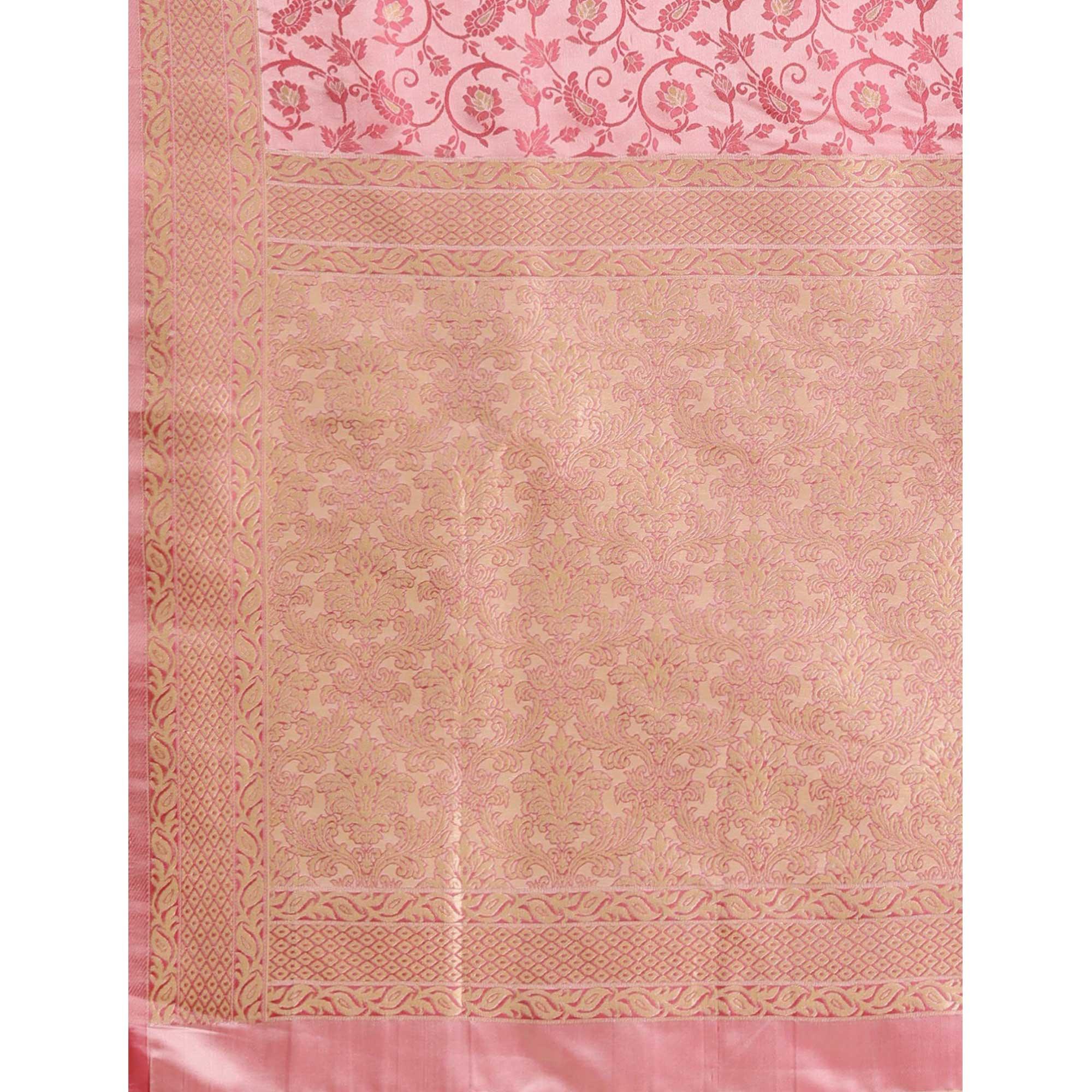 Women's Pink Festive Wear Woven Kanjivaram Silk Saree With Unstitched Blouse - Peachmode