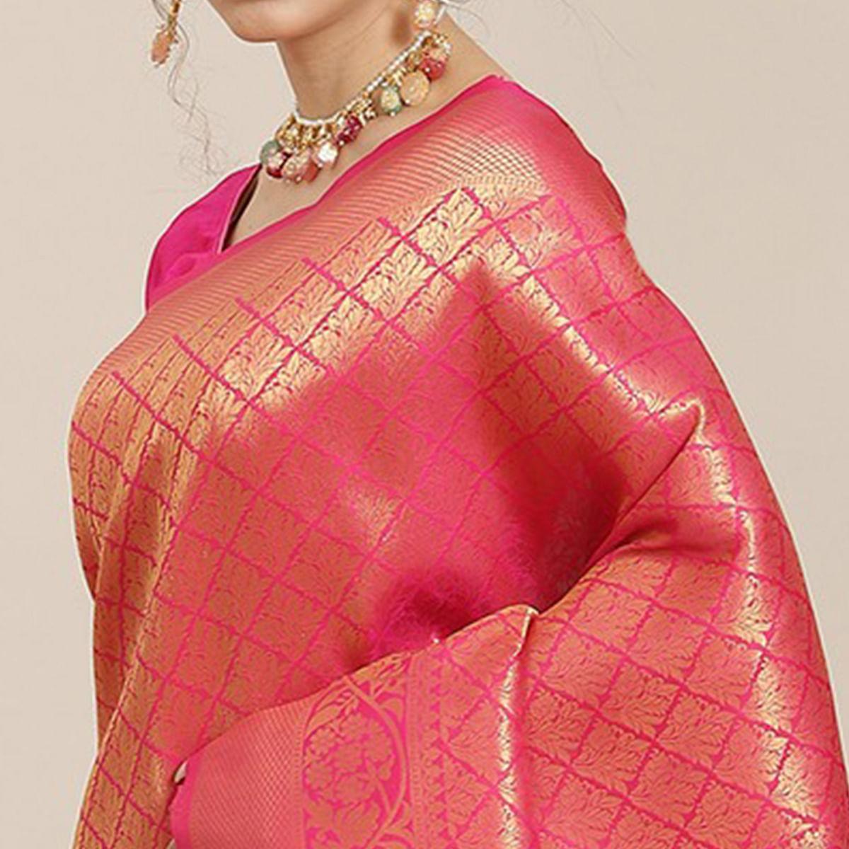 Women's Pink Festive Wear Woven Kanjivaram Silk Saree With Unstitched Blouse - Peachmode