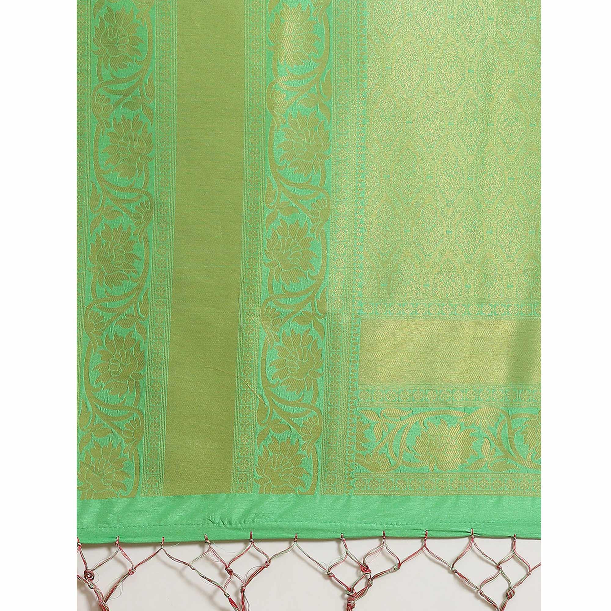 Women's Pink Festive Wear Woven Kanjivaram Silk Saree With Unstitched Blouse - Peachmode