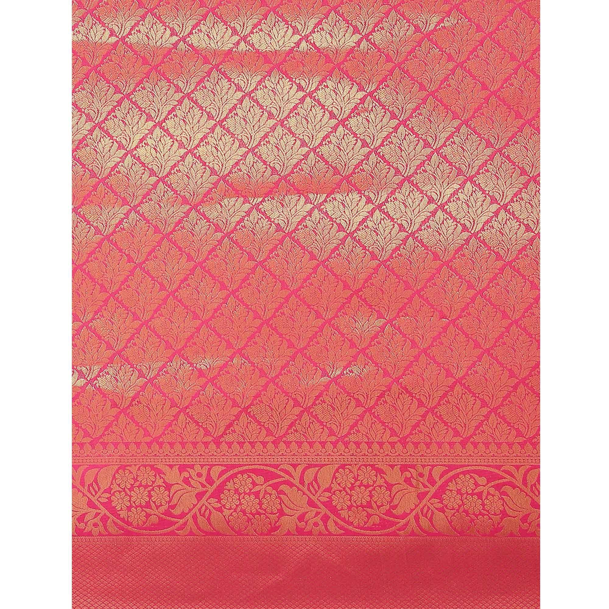 Women's Pink Festive Wear Woven Kanjivaram Silk Saree With Unstitched Blouse - Peachmode