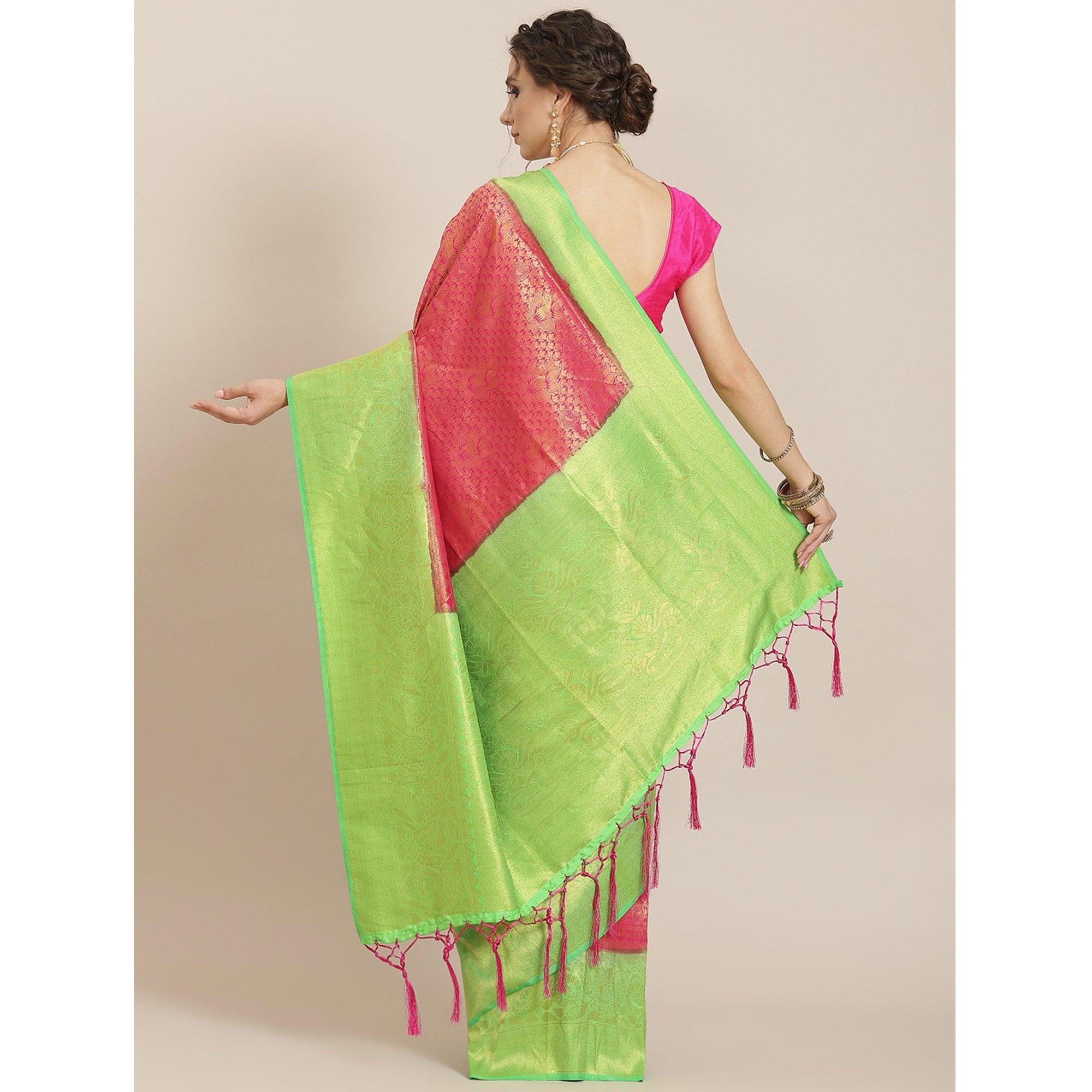 Women's Pink Festive Wear Woven Kanjivaram Silk Saree With Unstitched Blouse - Peachmode