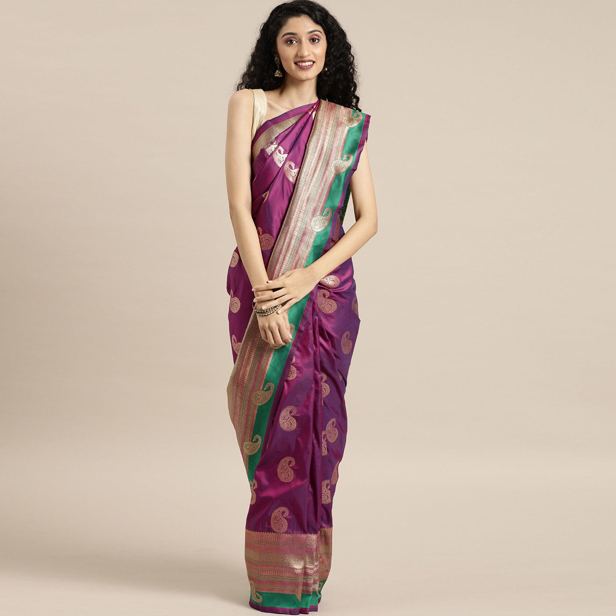 Women's Purple Festive Wear Woven Kanjivaram Silk Saree With Unstitched Blouse - Peachmode