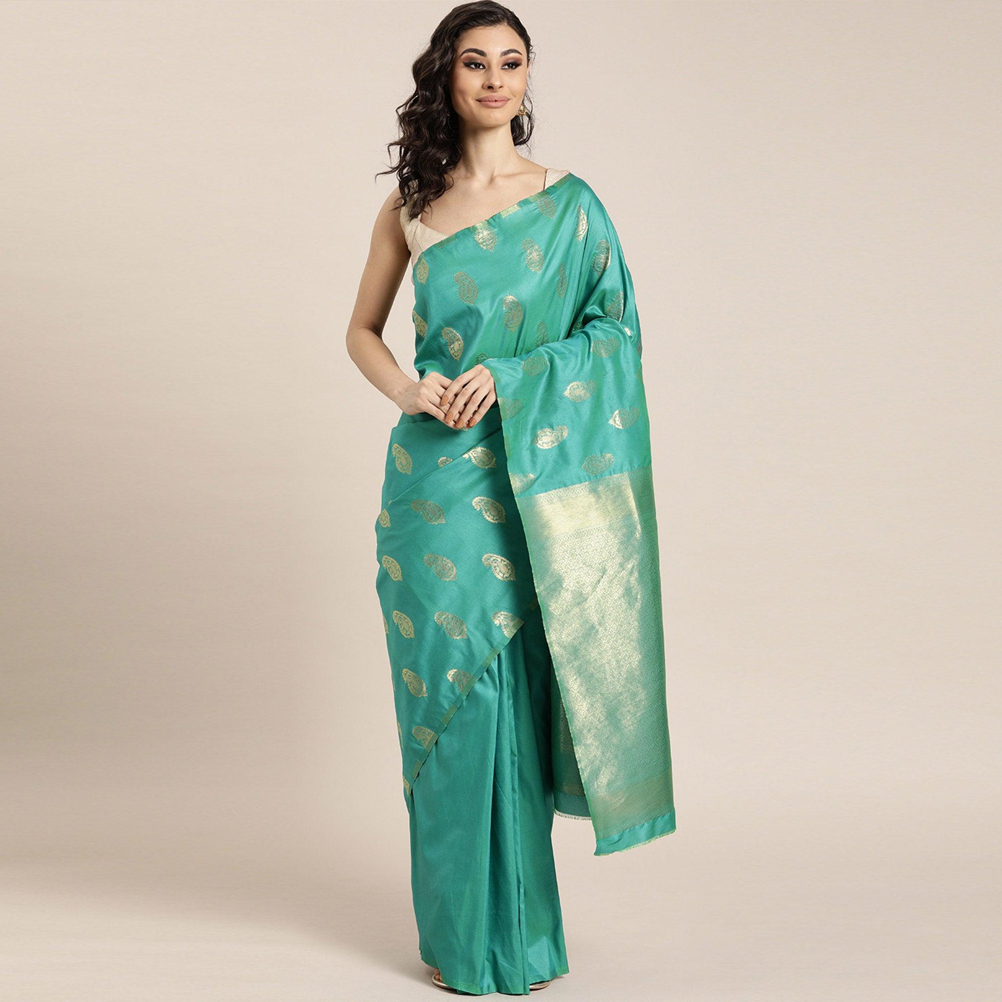 Women's Rama Festive Wear Woven Kanjivaram Silk Saree With Unstitched Blouse - Peachmode