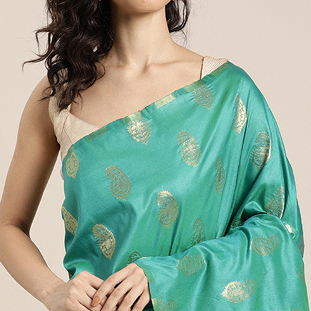 Women's Rama Festive Wear Woven Kanjivaram Silk Saree With Unstitched Blouse - Peachmode
