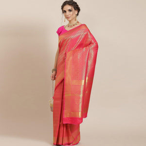 Women's Red Festive Wear Woven Kanjivaram Silk Saree With Unstitched Blouse - Peachmode