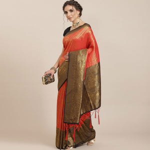 Women's Red Festive Wear Woven Kanjivaram Silk Saree With Unstitched Blouse - Peachmode