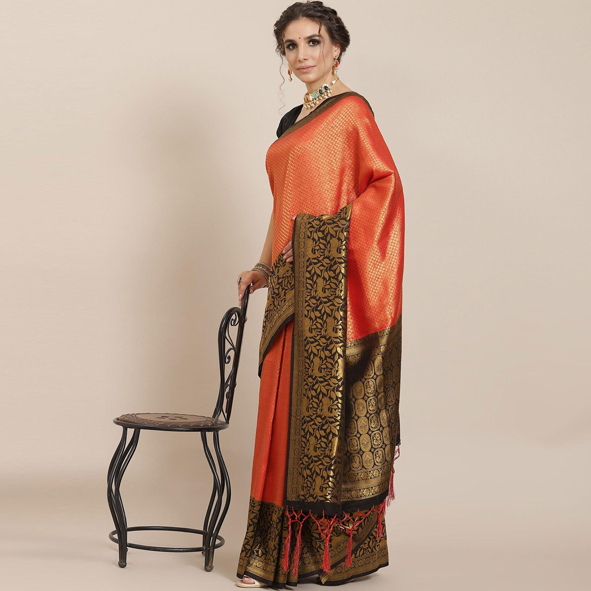 Women's Red Festive Wear Woven Kanjivaram Silk Saree With Unstitched Blouse - Peachmode