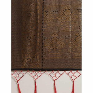 Women's Red Festive Wear Woven Kanjivaram Silk Saree With Unstitched Blouse - Peachmode