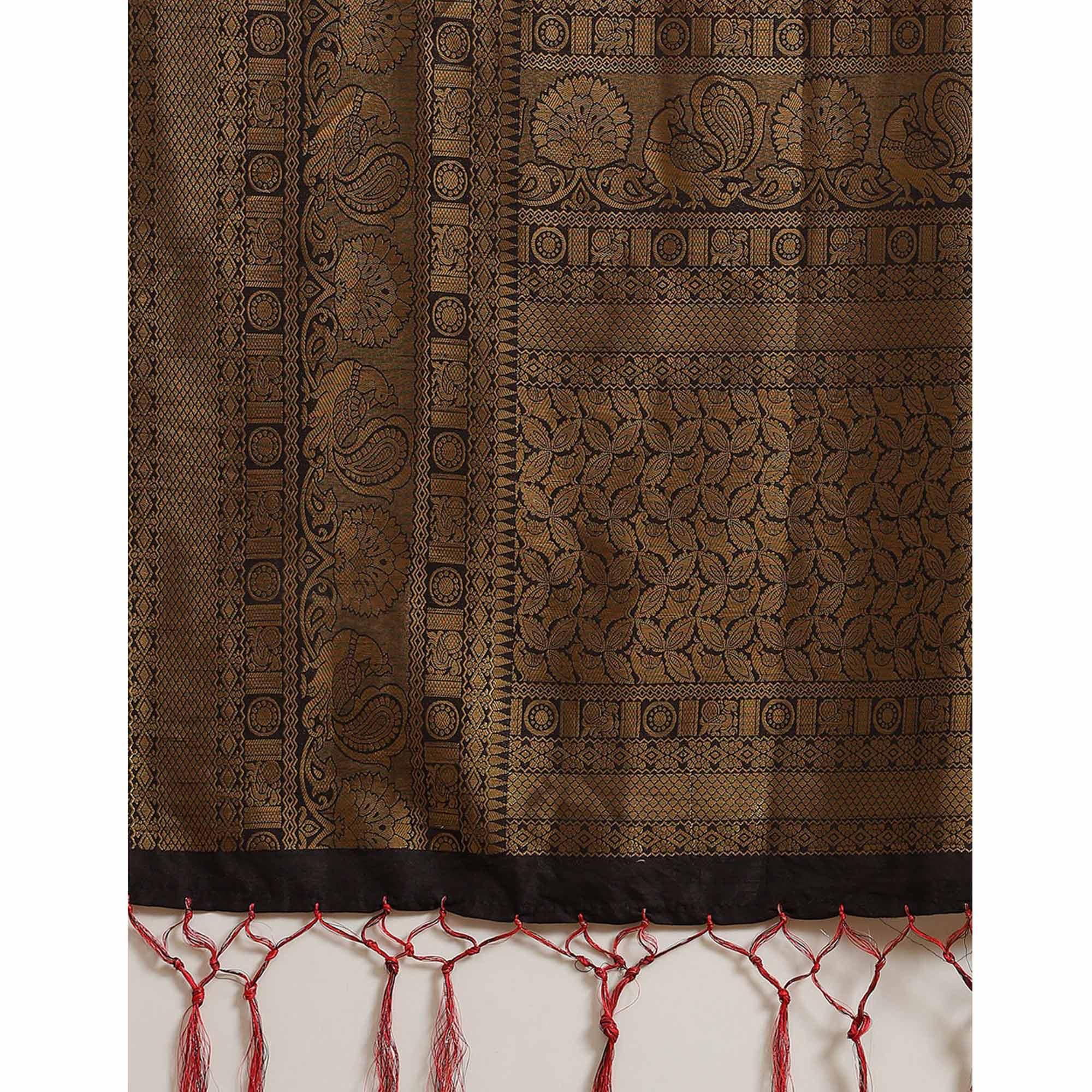 Women's Red Festive Wear Woven Kanjivaram Silk Saree With Unstitched Blouse - Peachmode