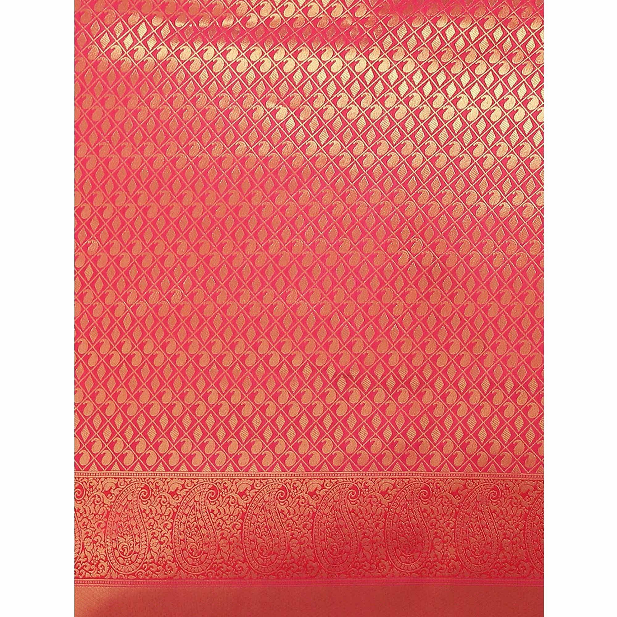 Women's Red Festive Wear Woven Kanjivaram Silk Saree With Unstitched Blouse - Peachmode