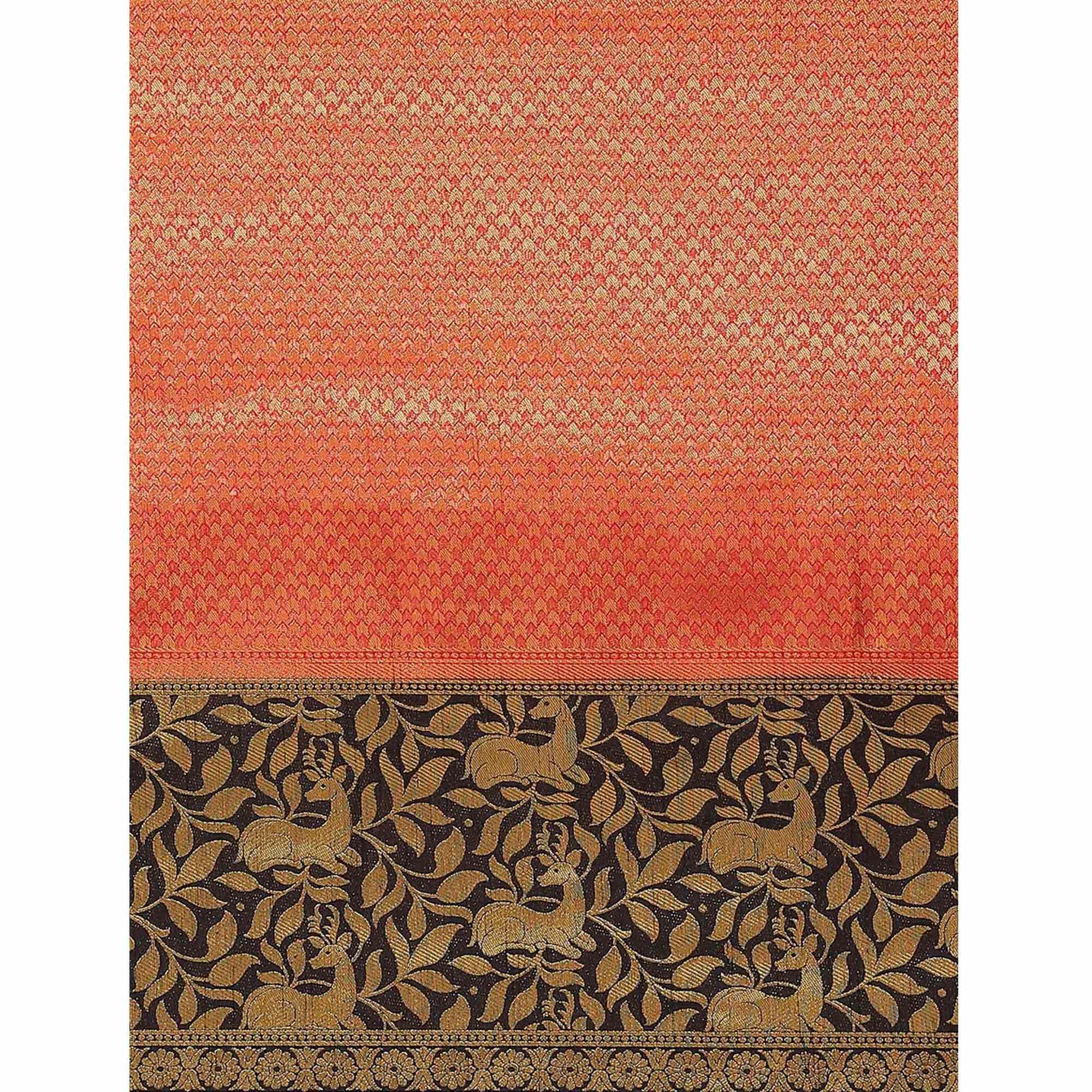 Women's Red Festive Wear Woven Kanjivaram Silk Saree With Unstitched Blouse - Peachmode