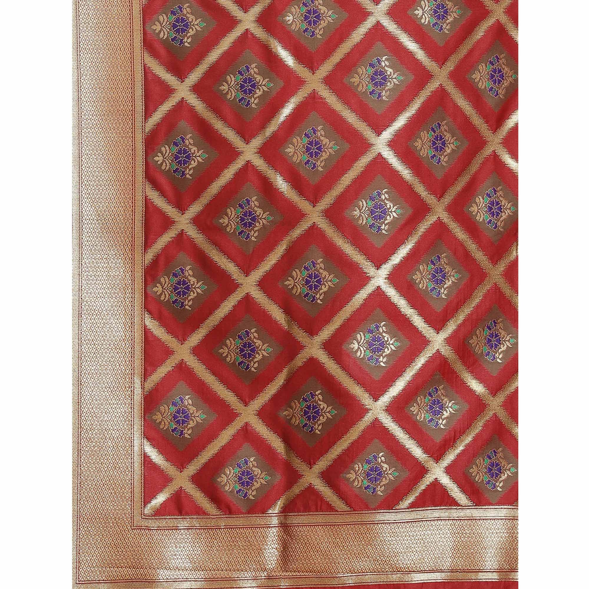 Women's Red Festive Wear Woven Kanjivaram Silk Saree With Unstitched Blouse - Peachmode