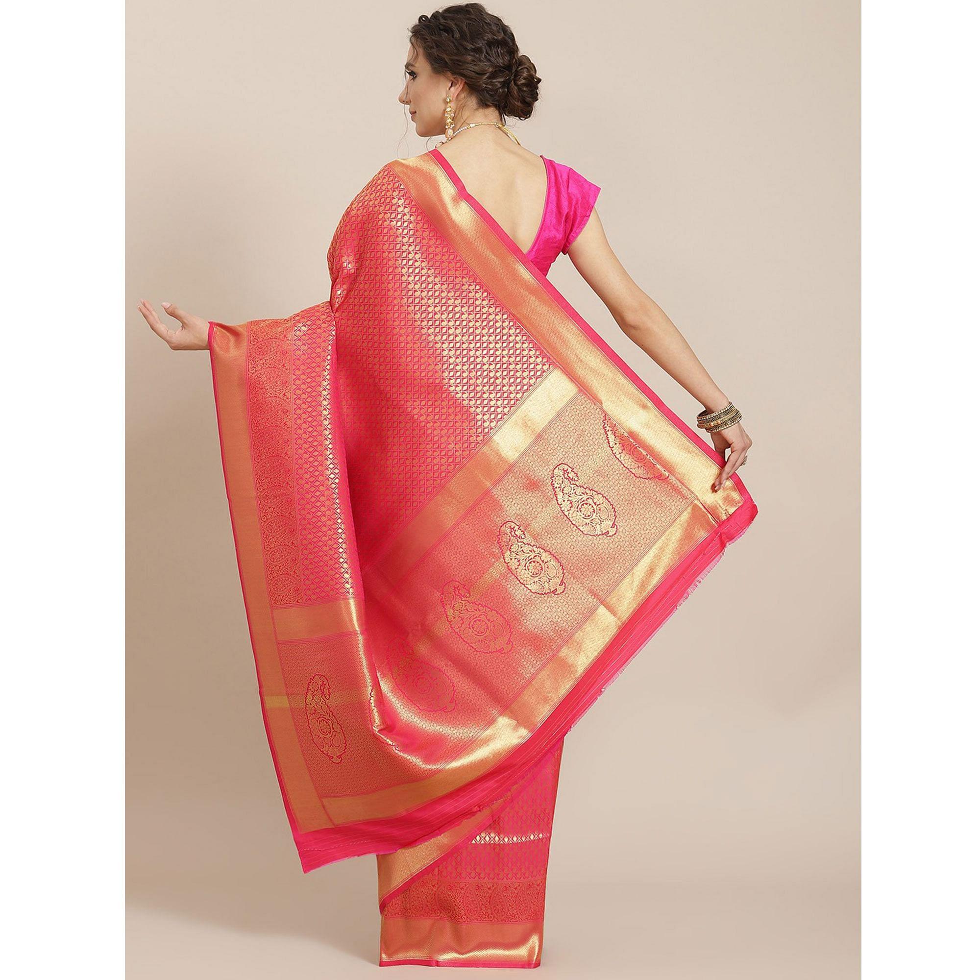 Women's Red Festive Wear Woven Kanjivaram Silk Saree With Unstitched Blouse - Peachmode