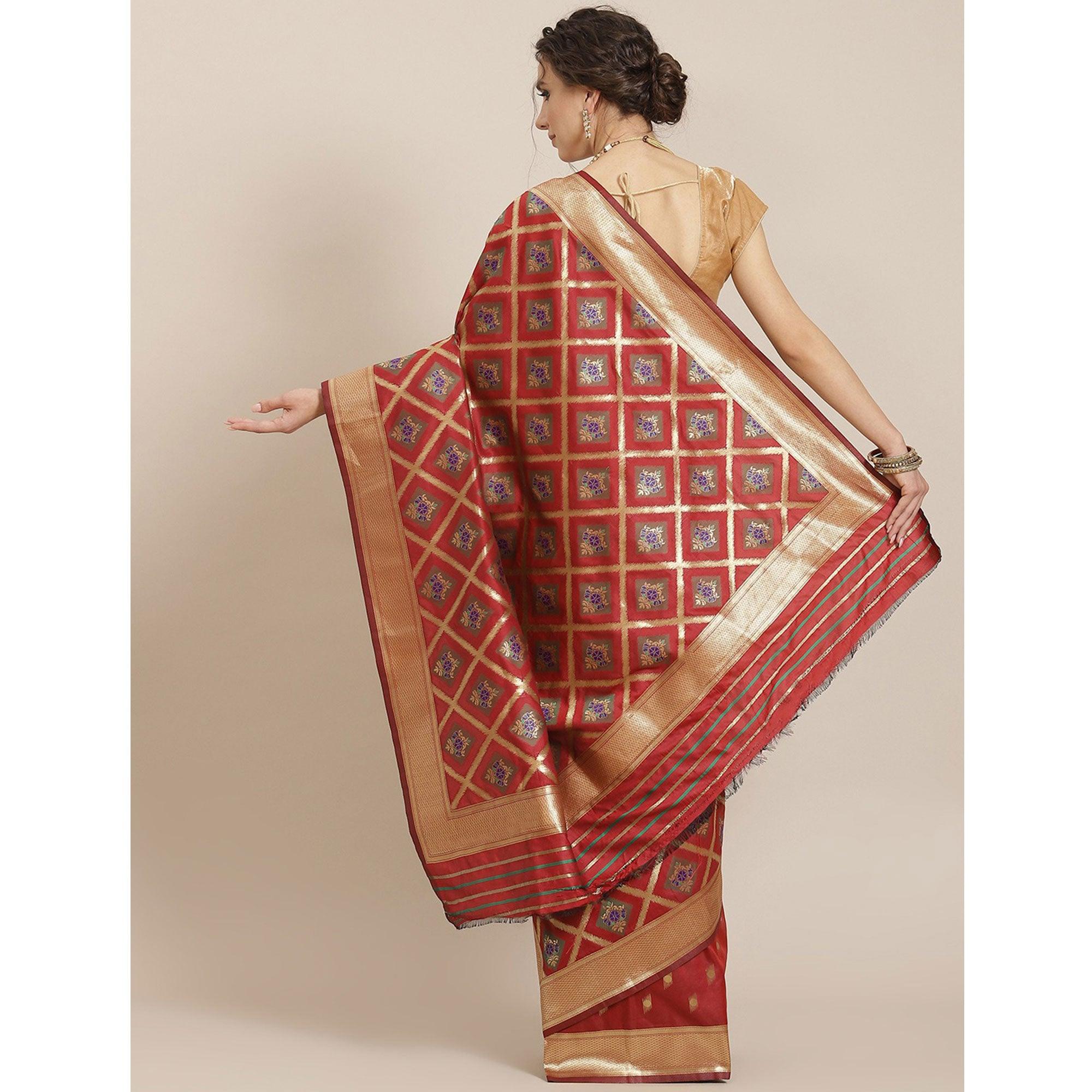 Women's Red Festive Wear Woven Kanjivaram Silk Saree With Unstitched Blouse - Peachmode