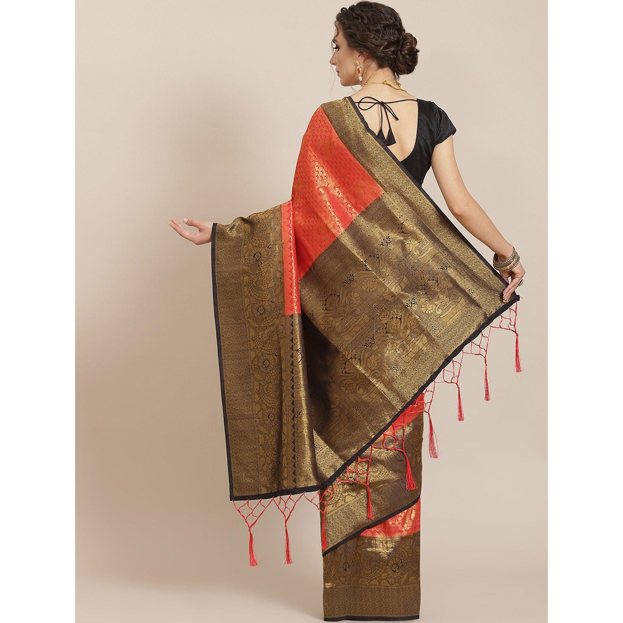Women's Red Festive Wear Woven Kanjivaram Silk Saree With Unstitched Blouse - Peachmode