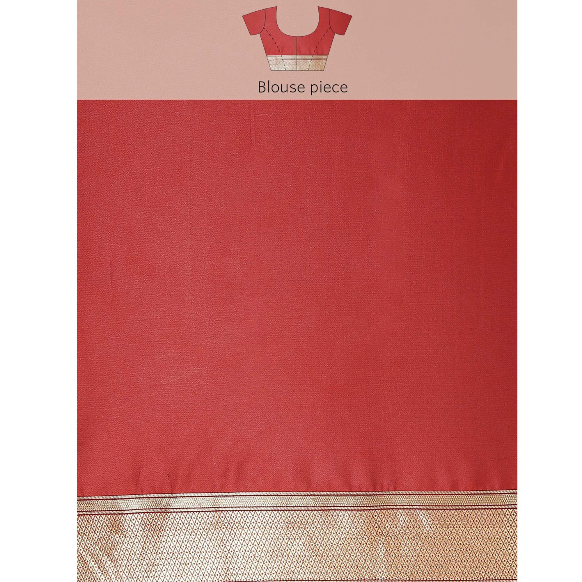 Women's Red Festive Wear Woven Kanjivaram Silk Saree With Unstitched Blouse - Peachmode