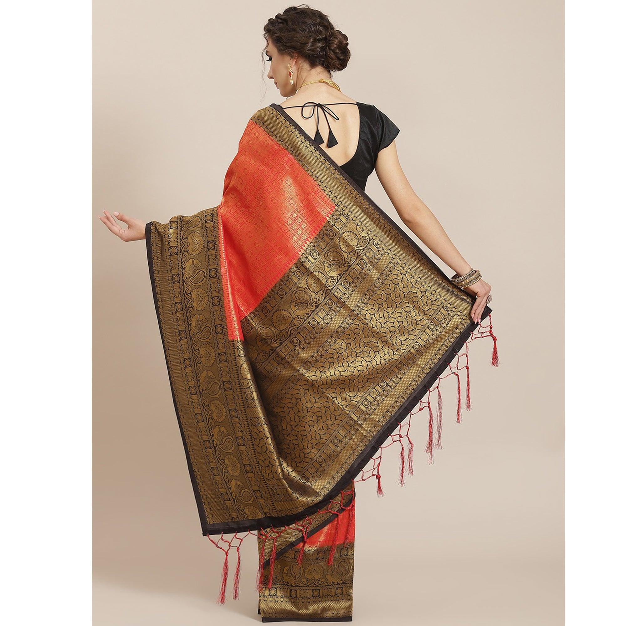 Women's Red Festive Wear Woven Kanjivaram Silk Saree With Unstitched Blouse - Peachmode