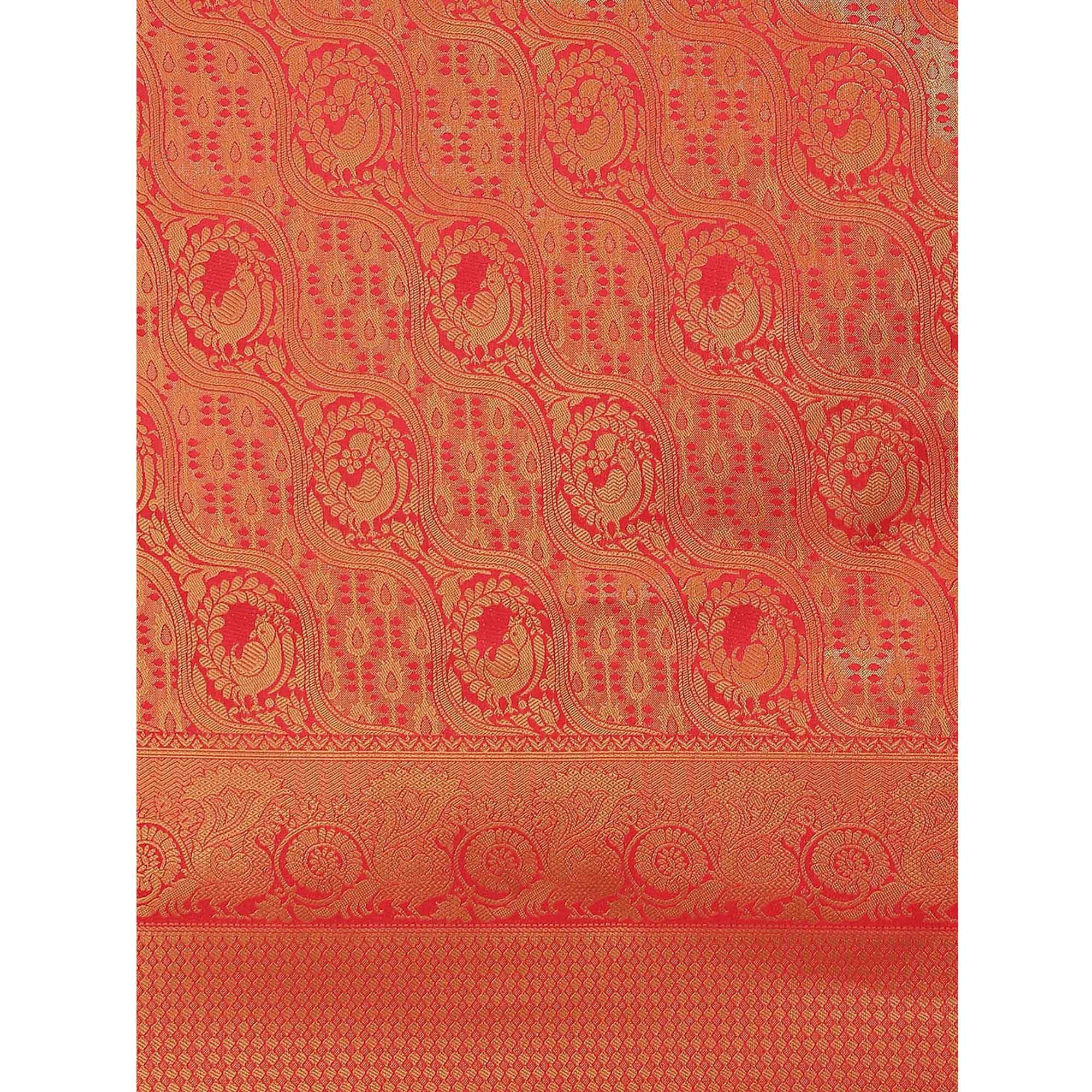 Women's Red Festive Wear Woven Kanjivaram Silk Saree With Unstitched Blouse - Peachmode
