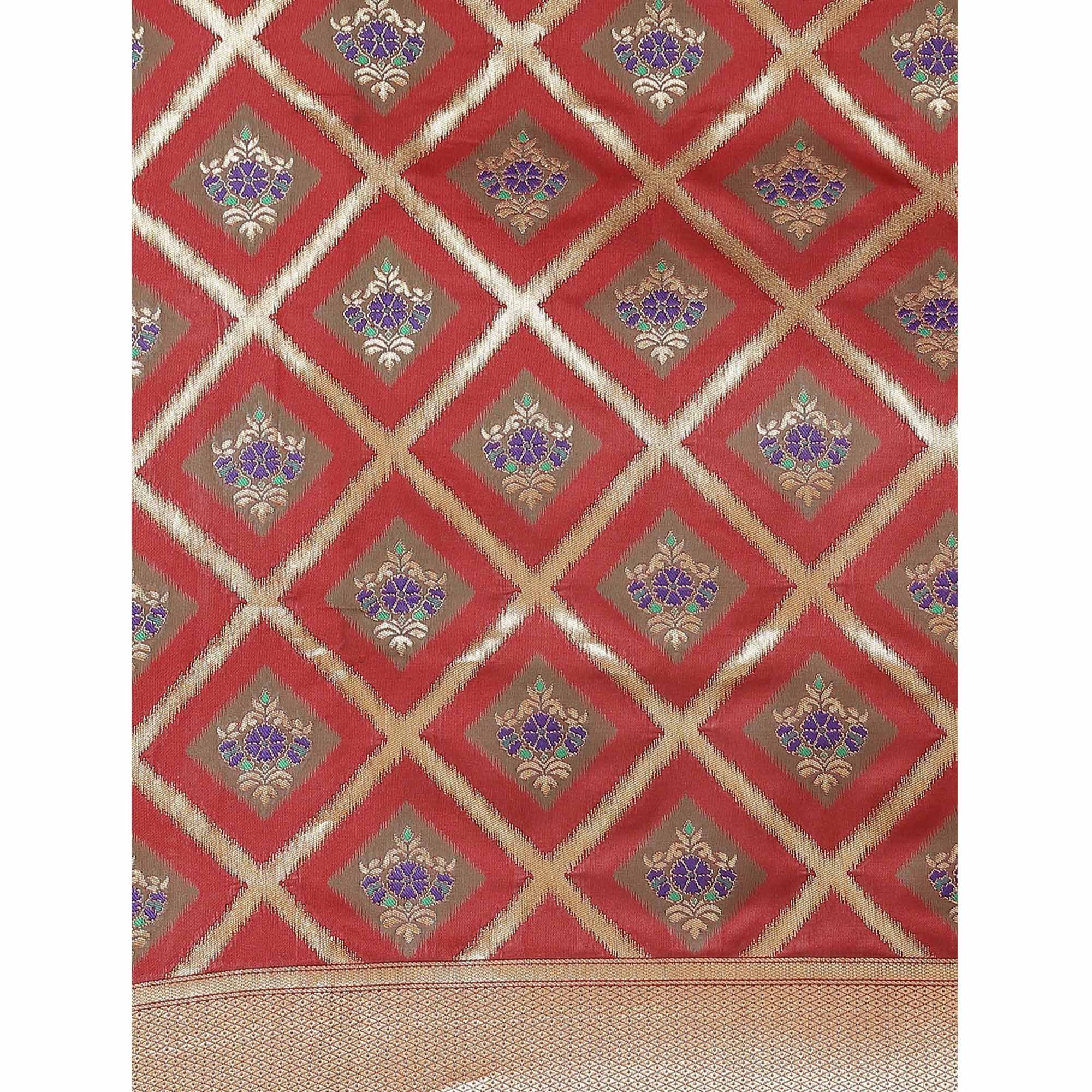 Women's Red Festive Wear Woven Kanjivaram Silk Saree With Unstitched Blouse - Peachmode